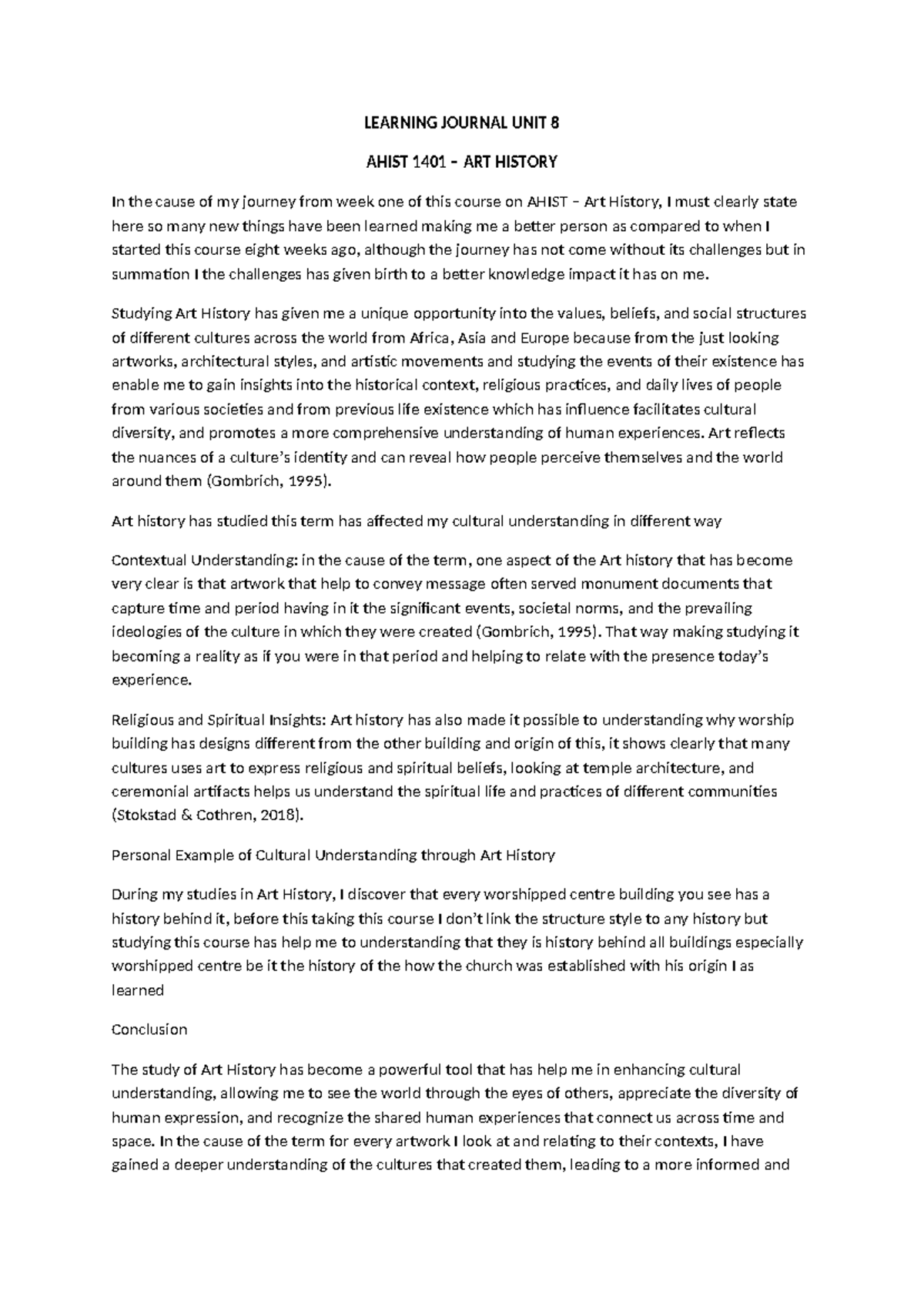 Ahist LJ UNIT 8 - Learning Journal - LEARNING JOURNAL UNIT 8 AHIST 1401 ...