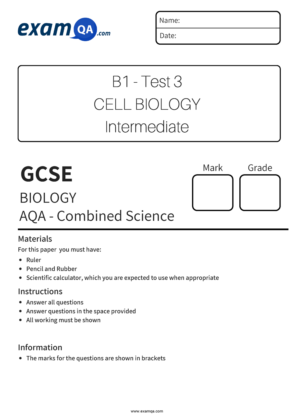 AQA GCSE Combined B1 Test 3 Intermediate QP - GCSE AQA - Combined ...