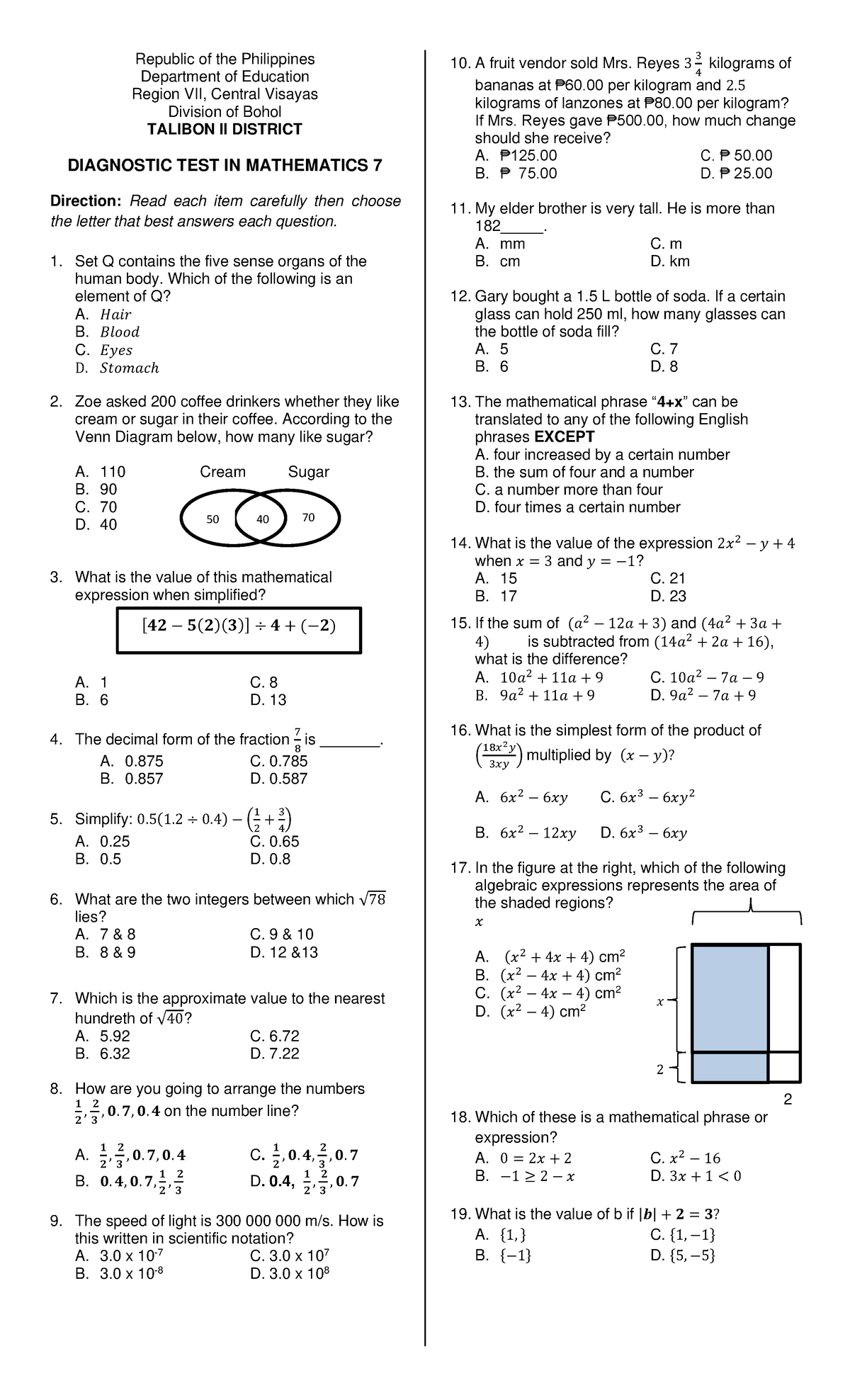 MATHEMATICS 7 Diagnostic TEST 2021 2022 FOR ENHANCED LEARNING AND 