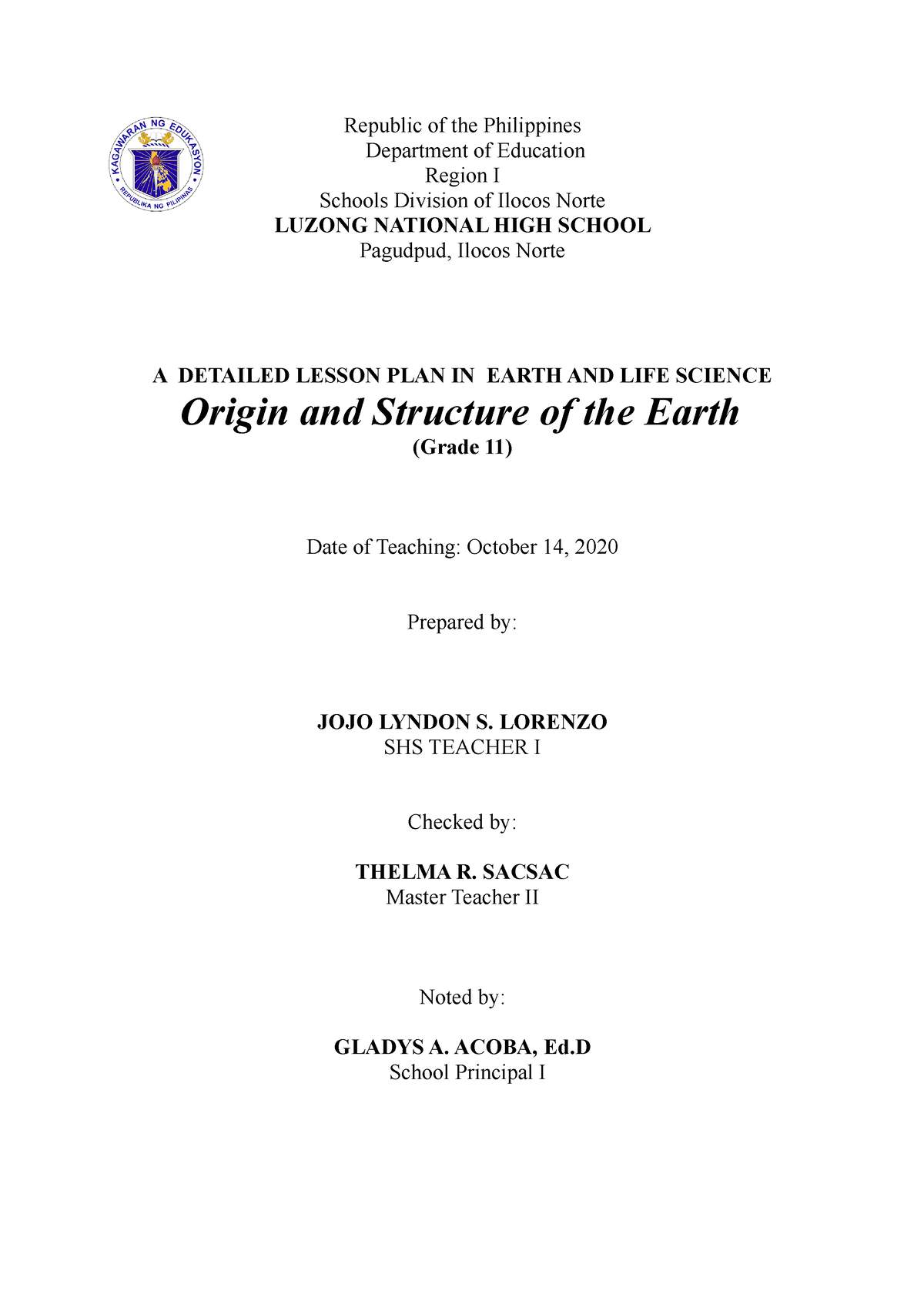 Earth And Life Science Origin And Structure Of The Earth - Republic Of ...