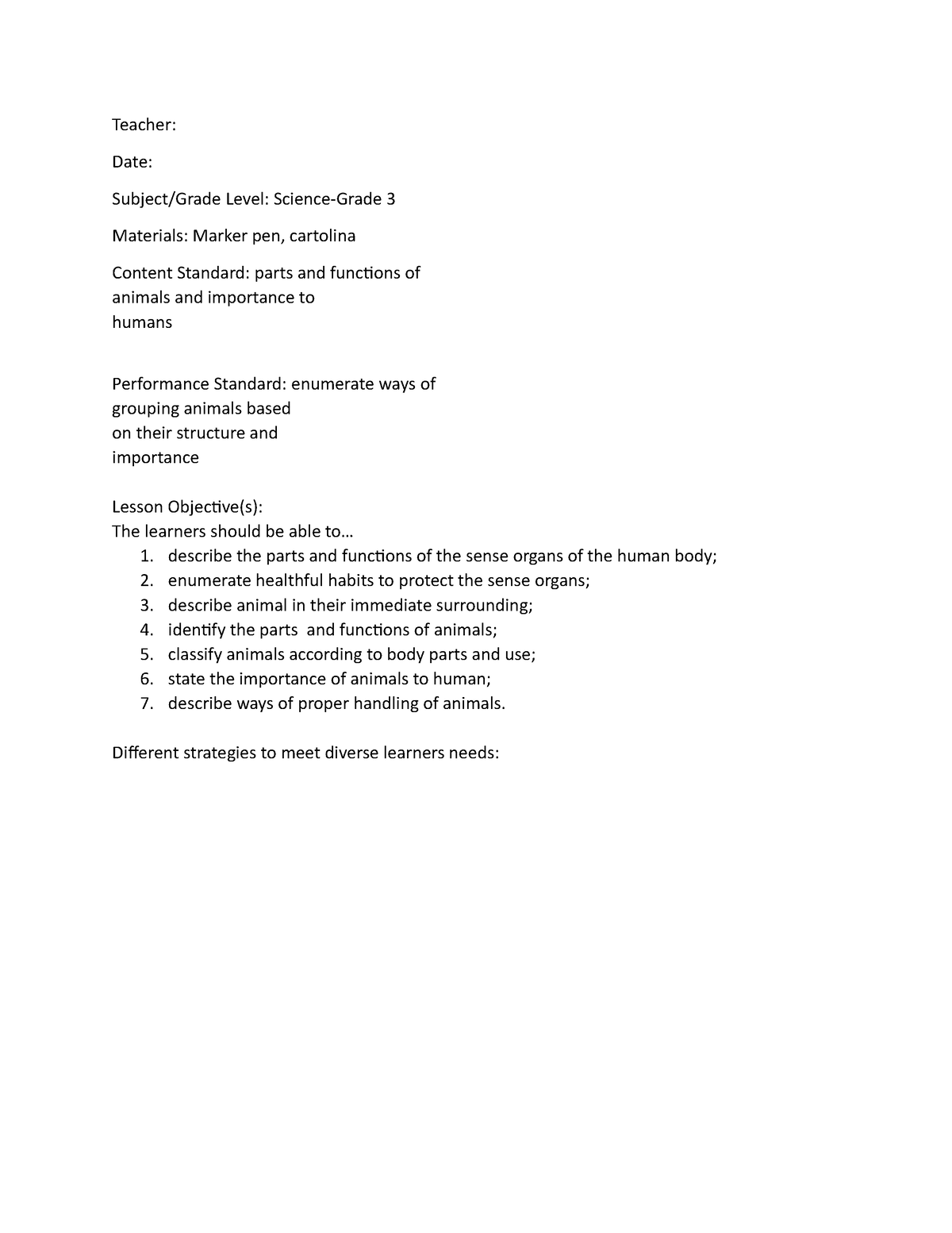 Science Lesson plan - Teacher: Date: Subject/Grade Level: Science-Grade ...