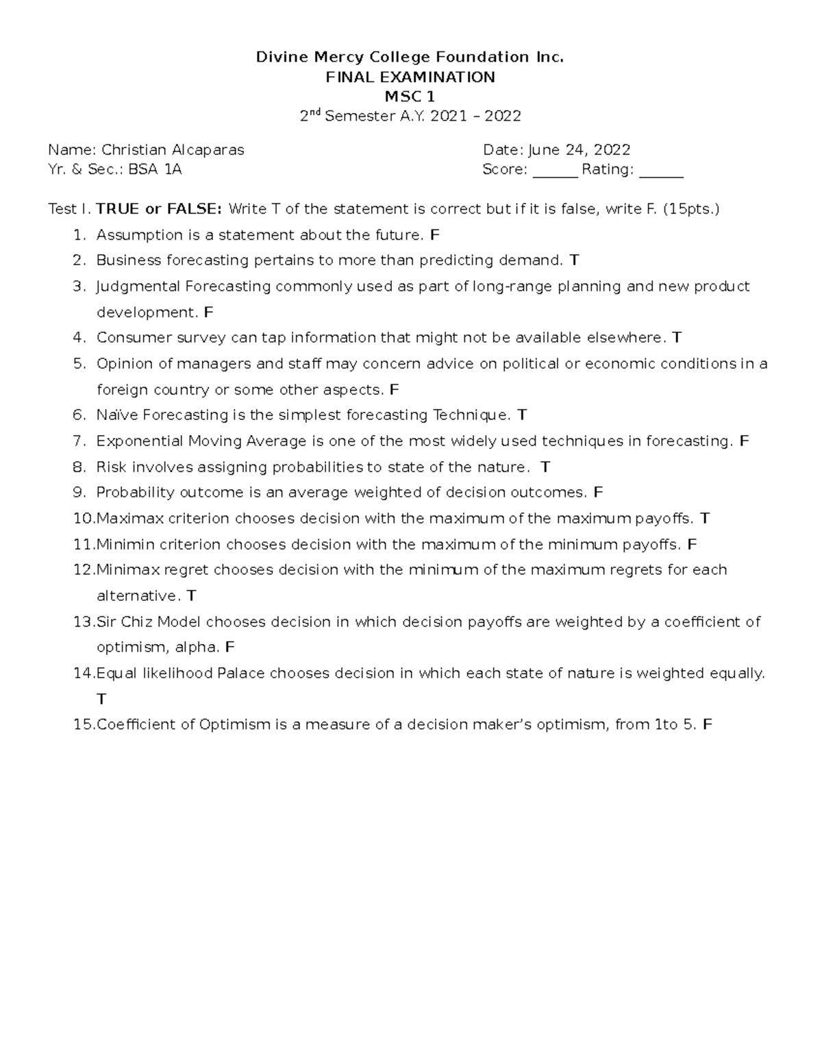 Christian Alcaparas - MSC - Final EXAM - Divine Mercy College ...