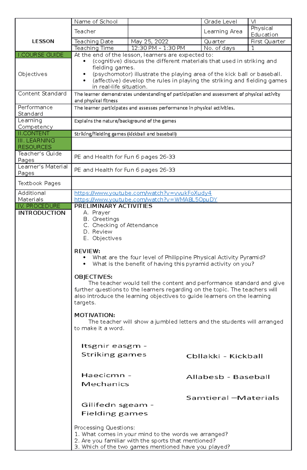 Striking Fielding Games AND Sports (B) - Name of School Grade Level VI ...