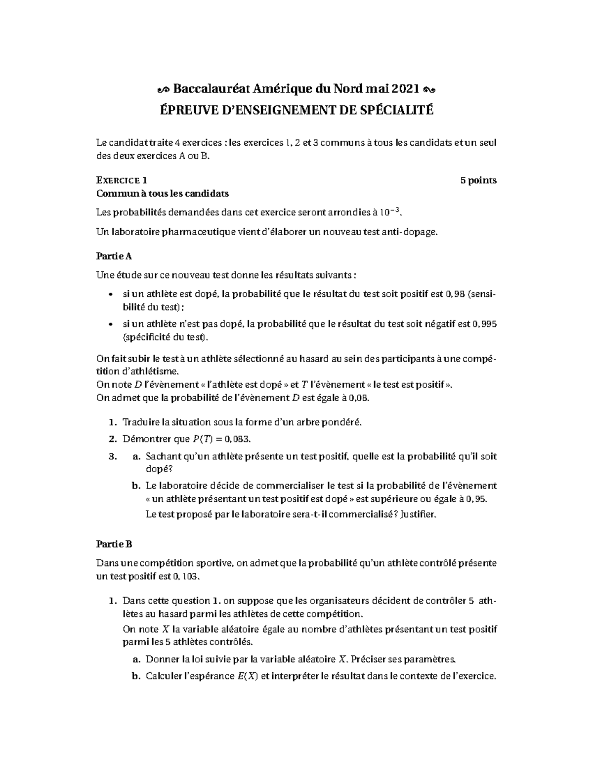 Bac spe amerique nord mai 2021 dv 2 ; Baccalauréat Amérique du Nord