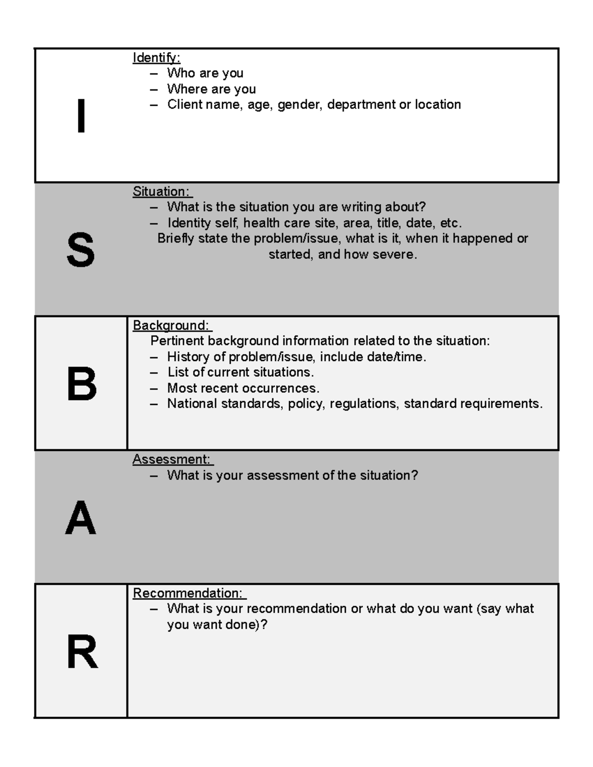 Isbar template - I Identify: – Who are you – Where are you – Client ...