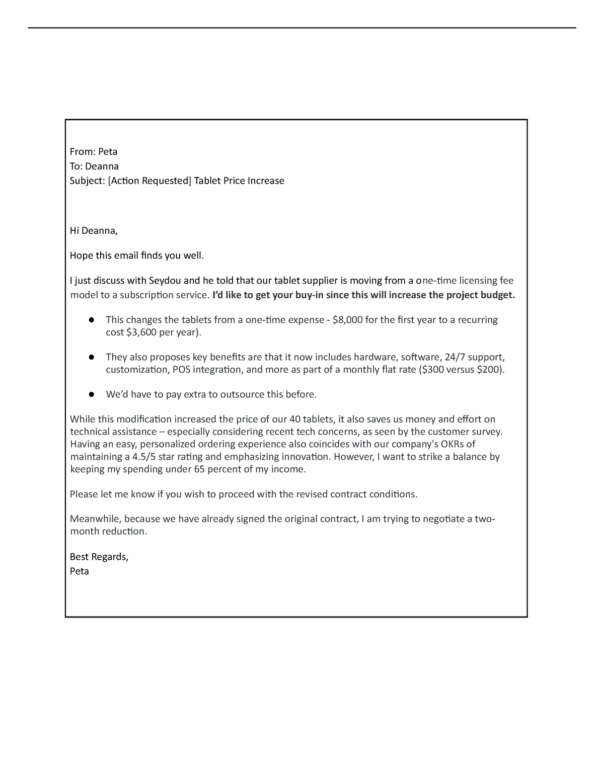 Activity- Write an email to a senior stakeholder - From: Peta To ...