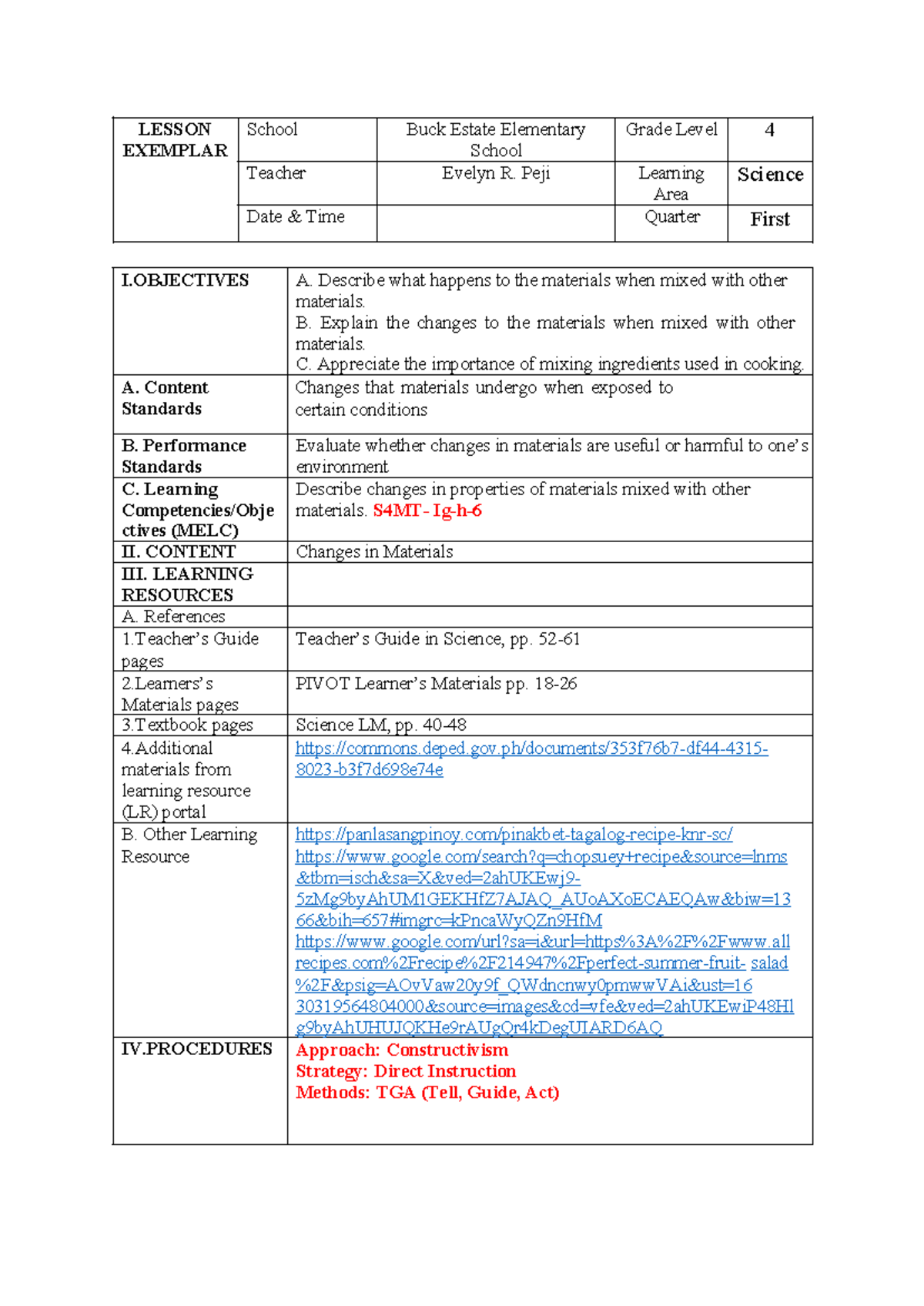 Grade 4 BEES2 - LESSON EXEMPLAR School Buck Estate Elementary School ...