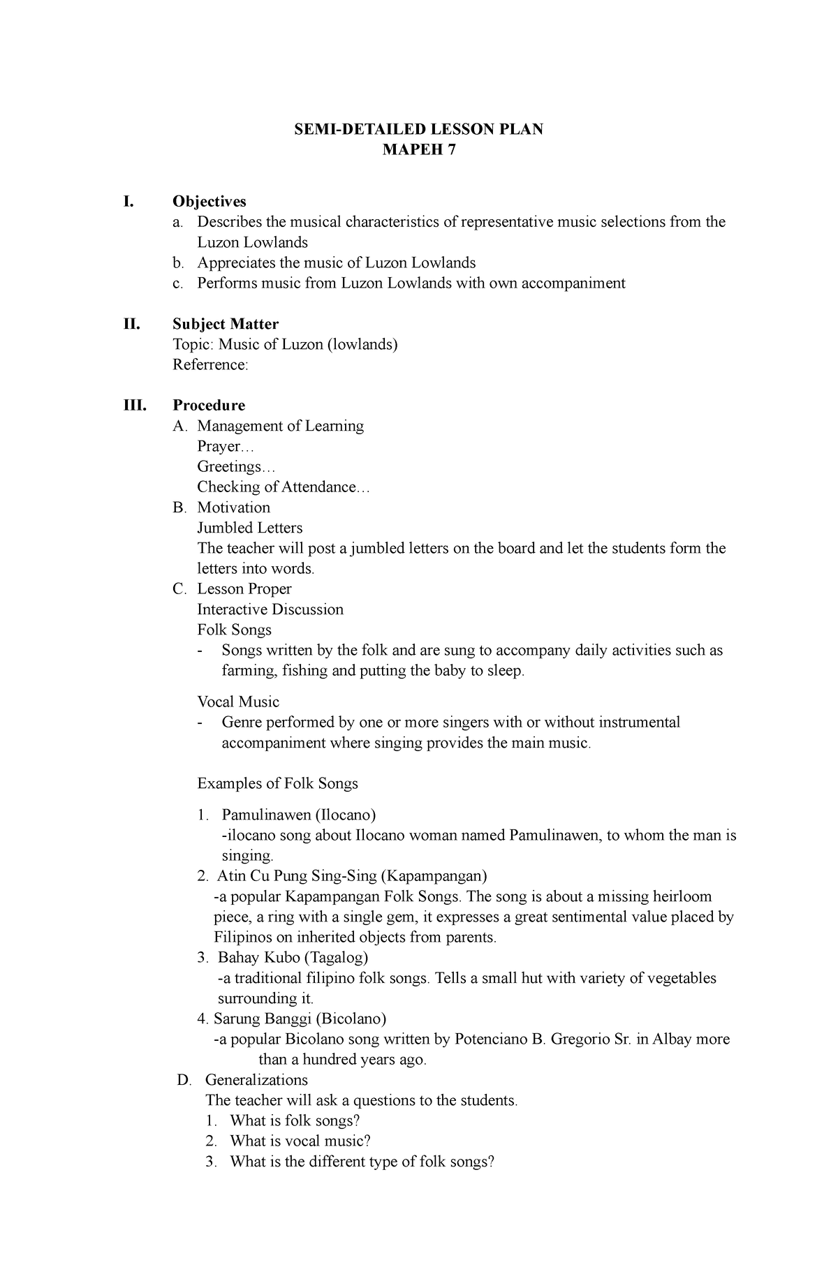 MAPEH Semi Detailed Lesson Plan - SEMI-DETAILED LESSON PLAN MAPEH 7 I ...