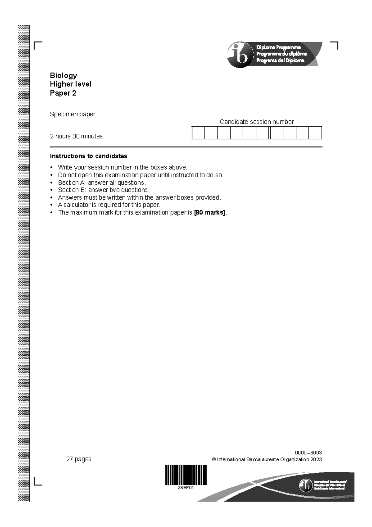 BIO P2 exam - biology practice p2 exam - Candidate session number ...