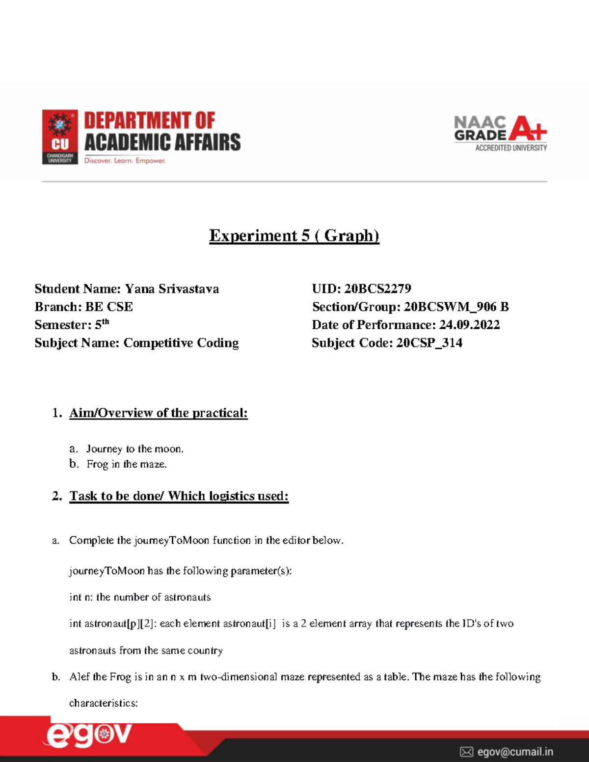 Worksheet Exp 5 CC YANA Srivastava - Experiment 5 ( Graph) Student Name ...