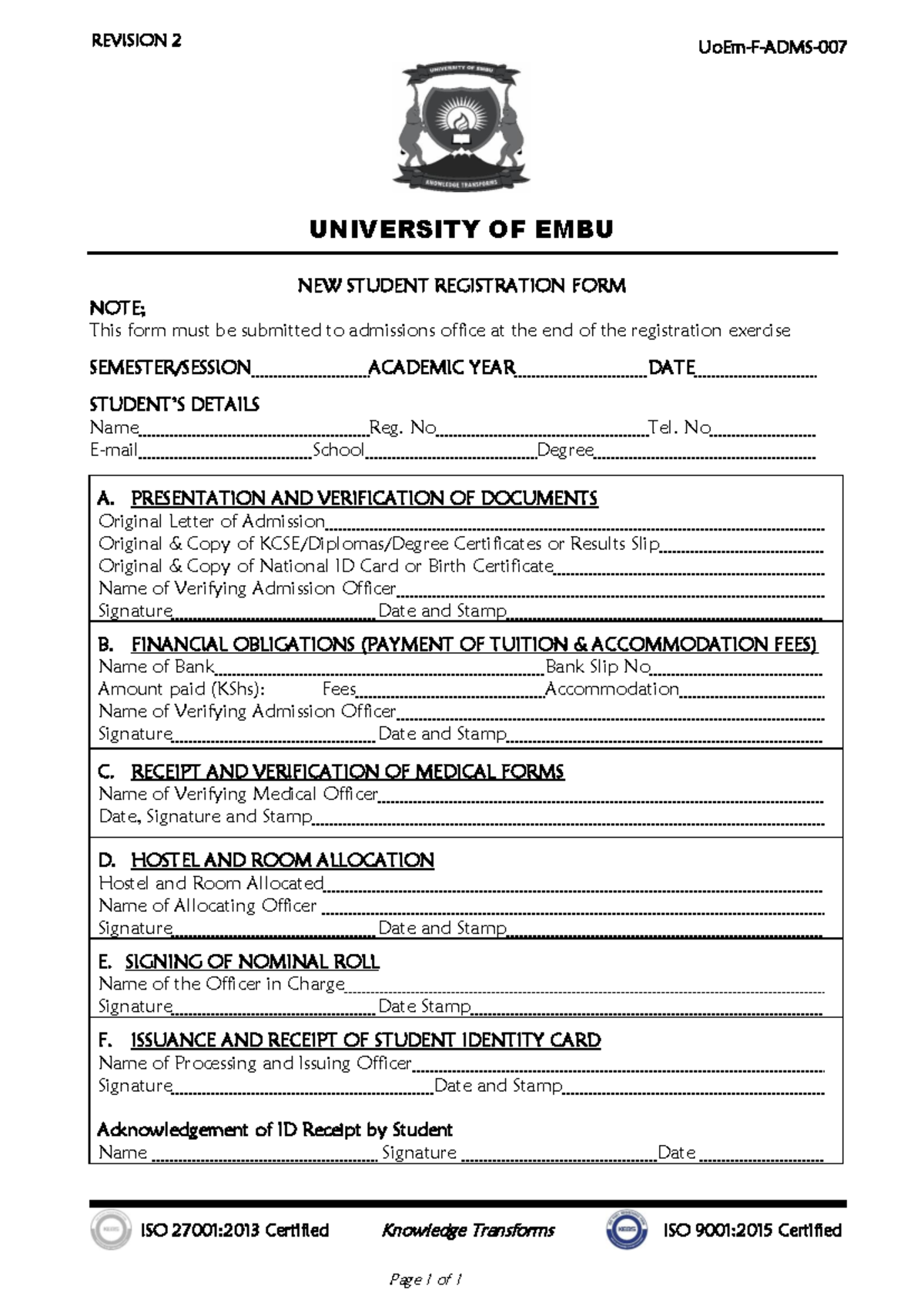 Form007New Student Registration Form - ISO 27001:2013 Certified ...