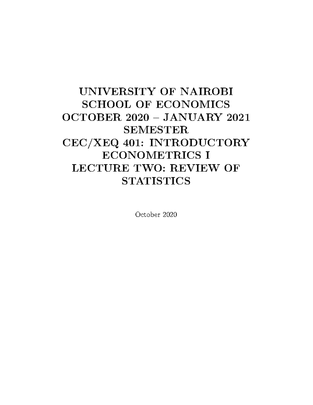 Lecture Two Review Of Statistics - UNIVERSITY OF NAIROBI SCHOOL OF ...