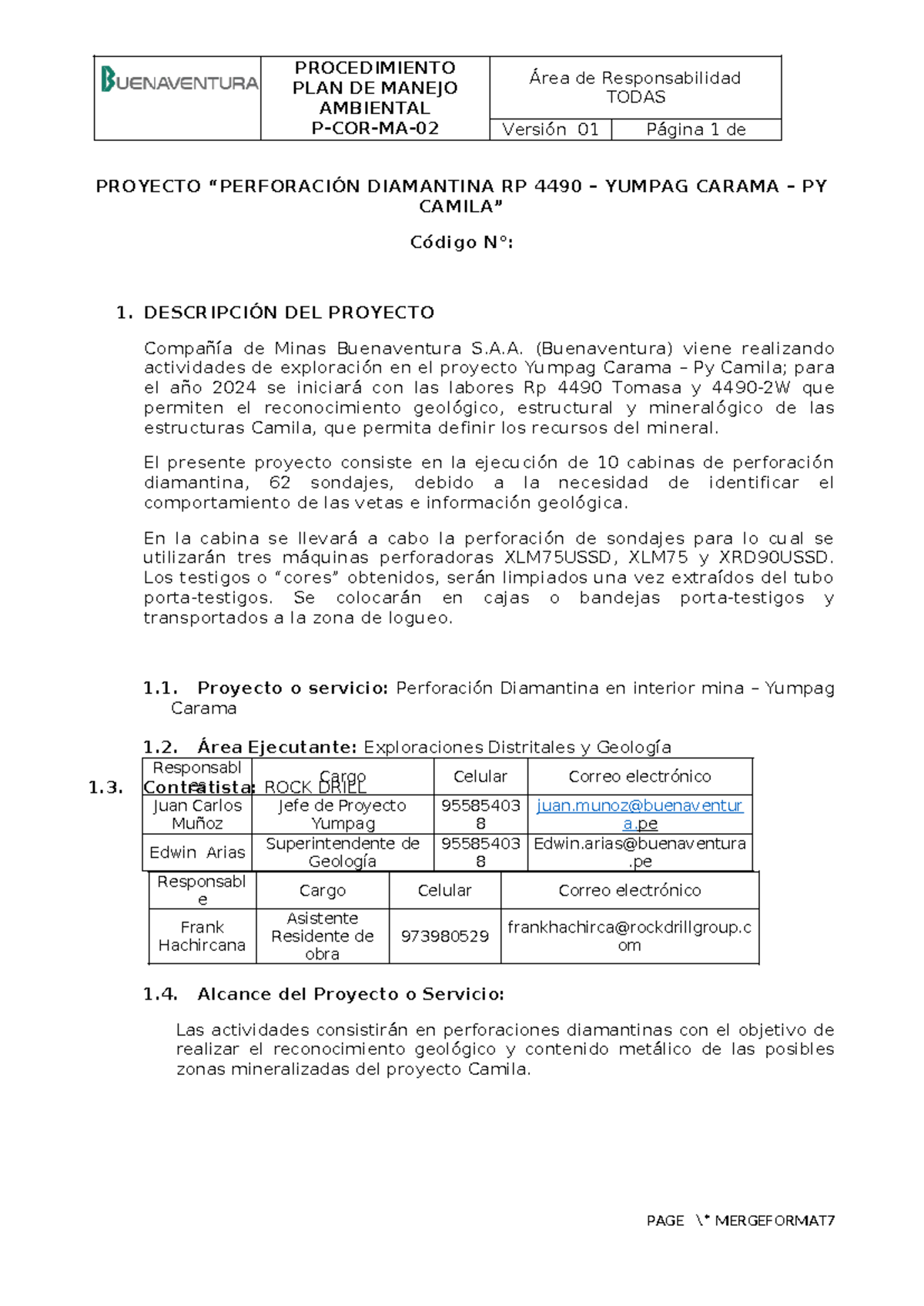 Memoria Descriptiva - PMA - ROCK Drill 21 - PLAN DE MANEJO AMBIENTAL P ...