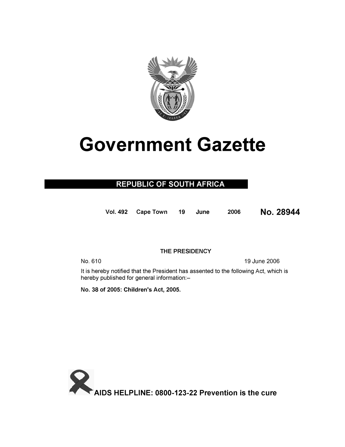 Childrens Act Government Gazette REPUBLIC OF SOUTH AFRICA Vol   Thumb 1200 1553 