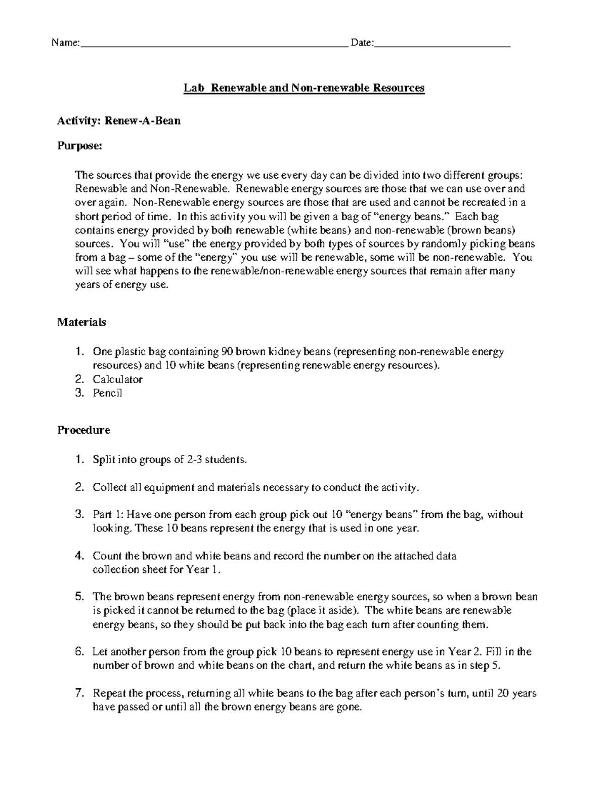 bean lab renewable and nonrenewable resources Lab Renewable and Non