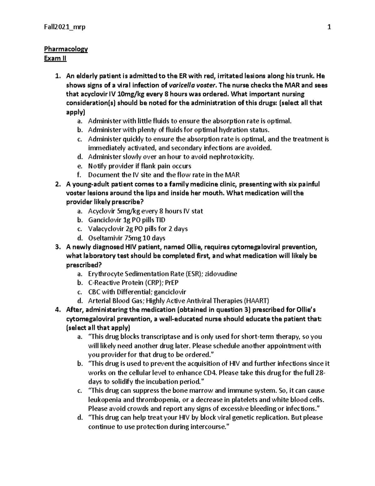 Pharm study guide over exam 2 - Pharmacology Exam II An elderly patient ...