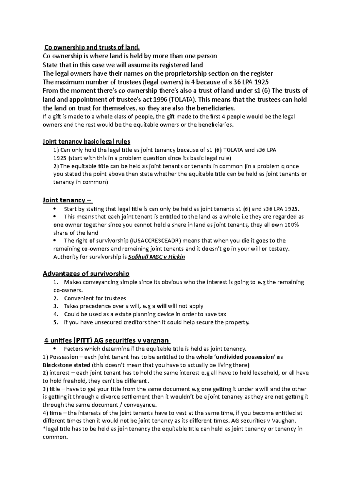 LAND LAW - CO - Ownership - Co ownership and trusts of land. - Studocu