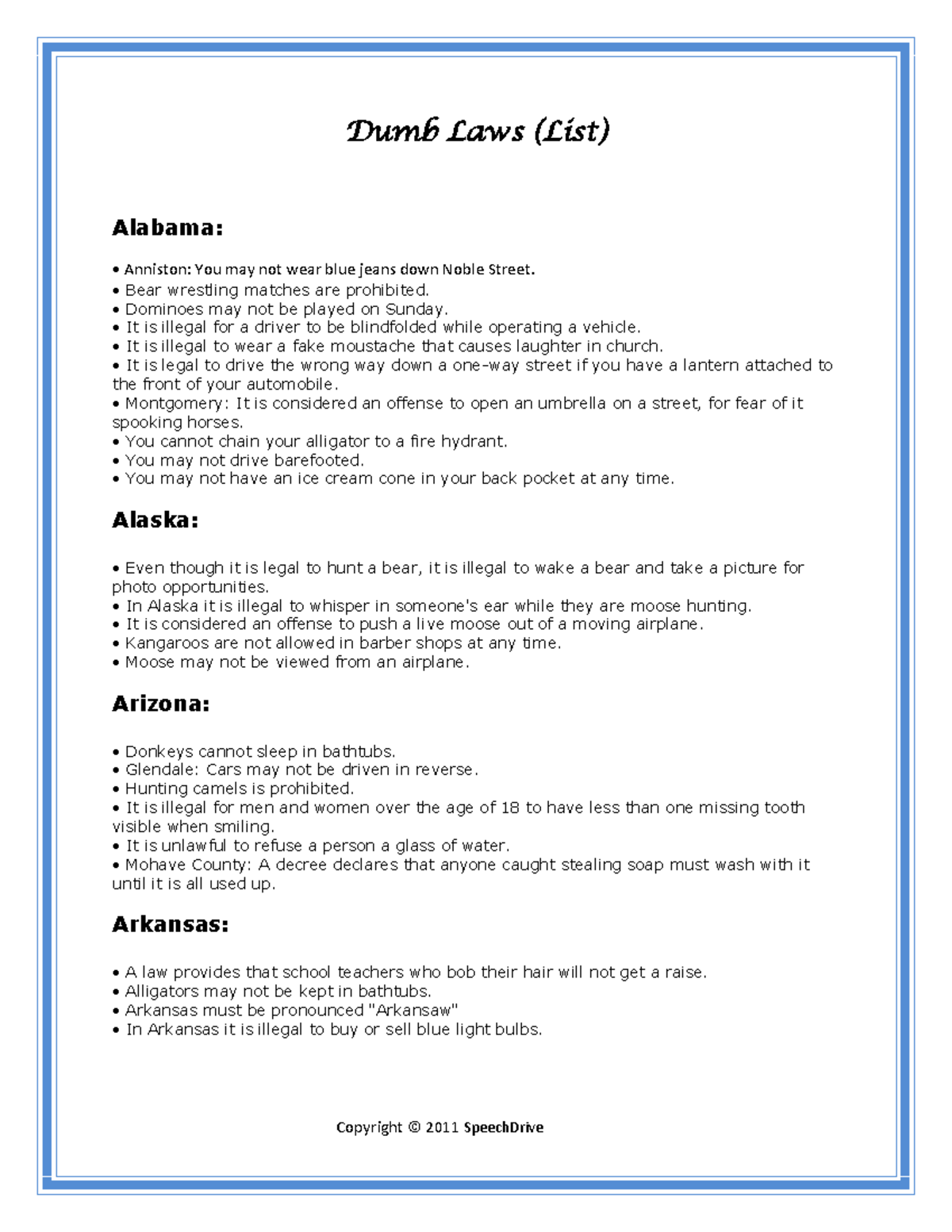 StrangeStateLaws strange laws Dumb Laws (List) Alabama Anniston