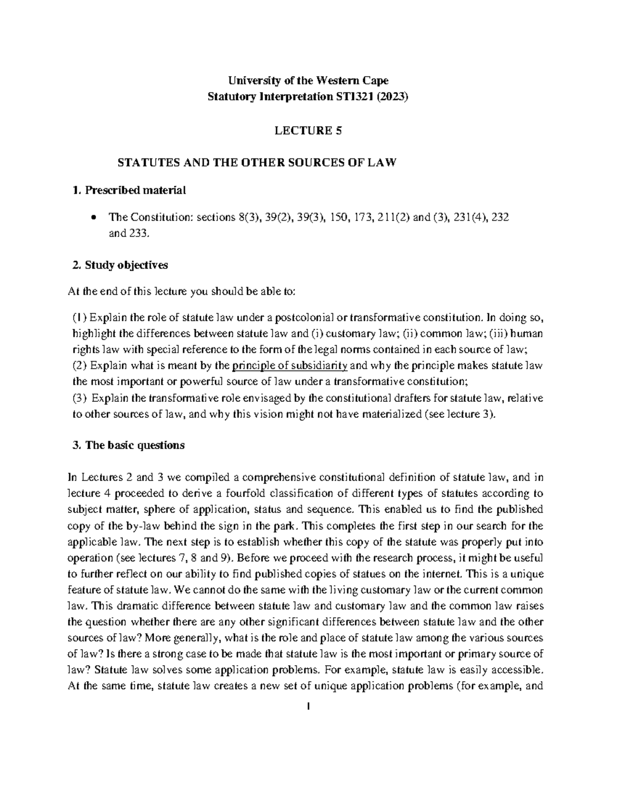 Lecture 5 Statutes among the sources of law 2023 - University of the ...