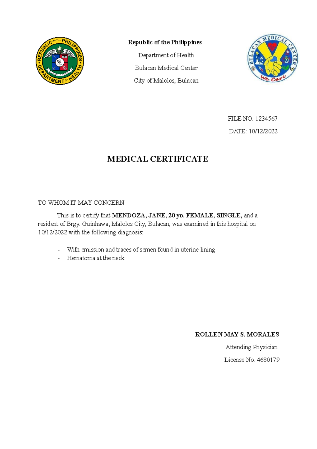 Medico Legal AND Autopsy Report Republic Of The Philippines 