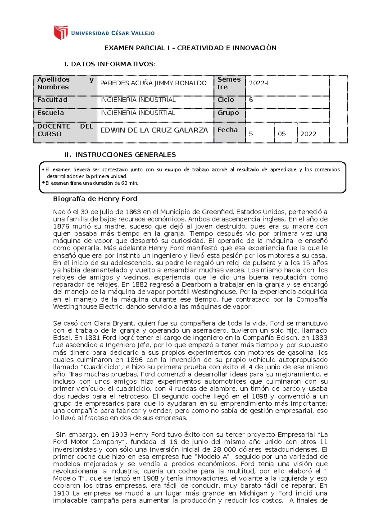 Examen De Creatividad y Diseño - EXAMEN PARCIAL I – CREATIVIDAD E ...