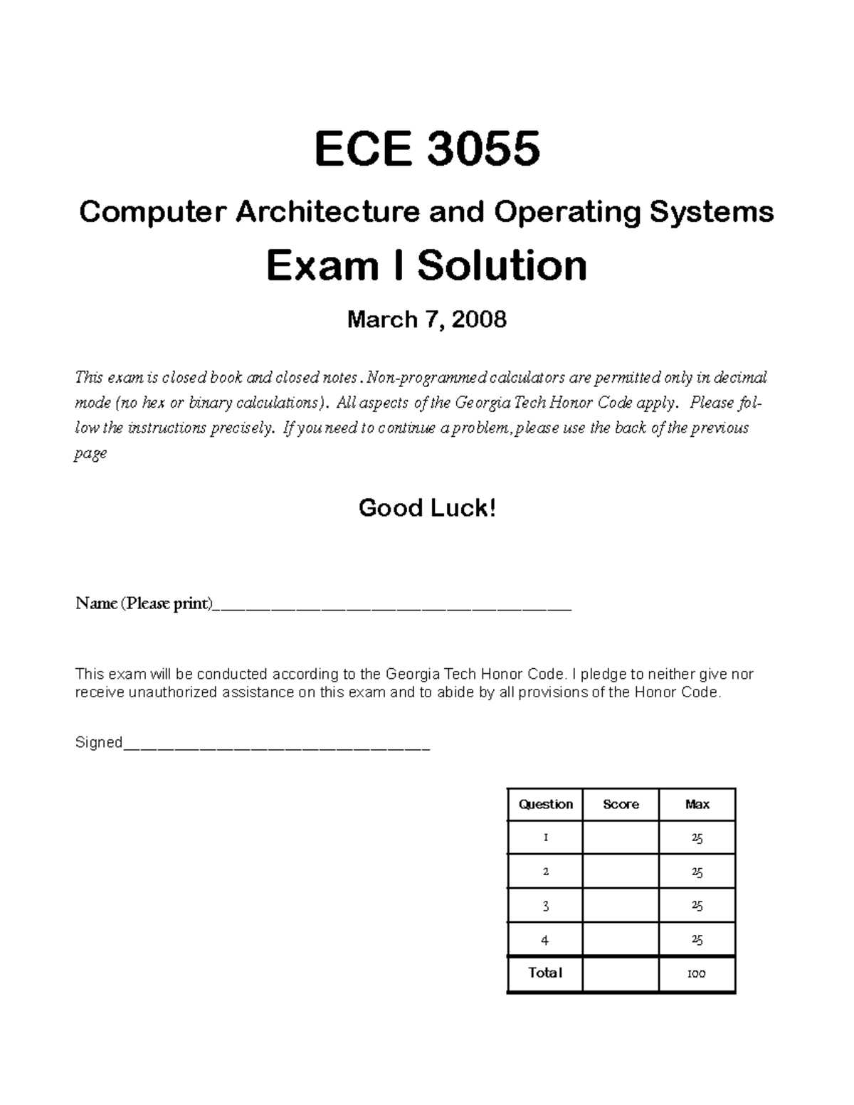 Test1soln Exam Practice ECE 3055 Computer Architecture and
