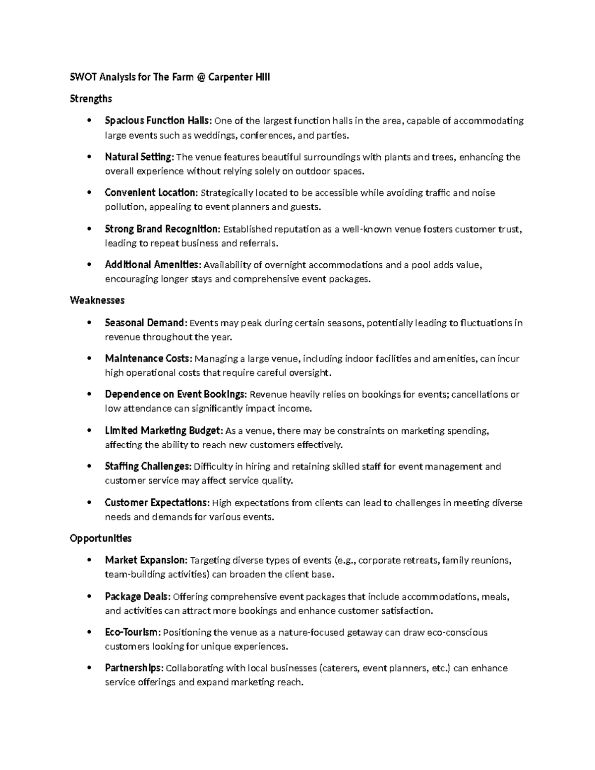 SWOT Analysis and VRIO analysis - SWOT Analysis for The Farm ...