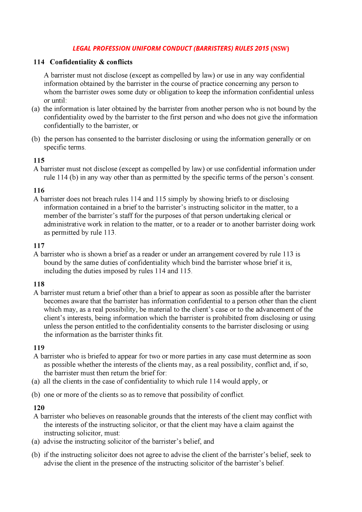 PRLE Law (1) law notes LEGAL PROFESSION UNIFORM CONDUCT (BARRISTERS