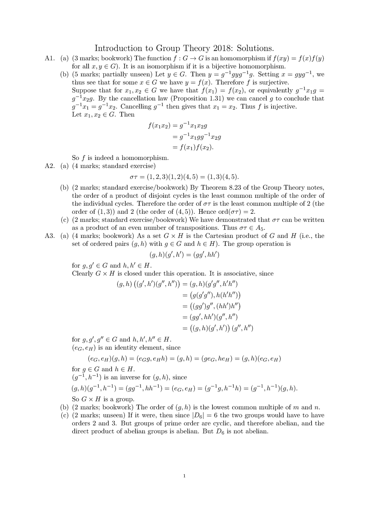 Introduction To Group Theory Exam Solutions 2018 - Introduction To ...