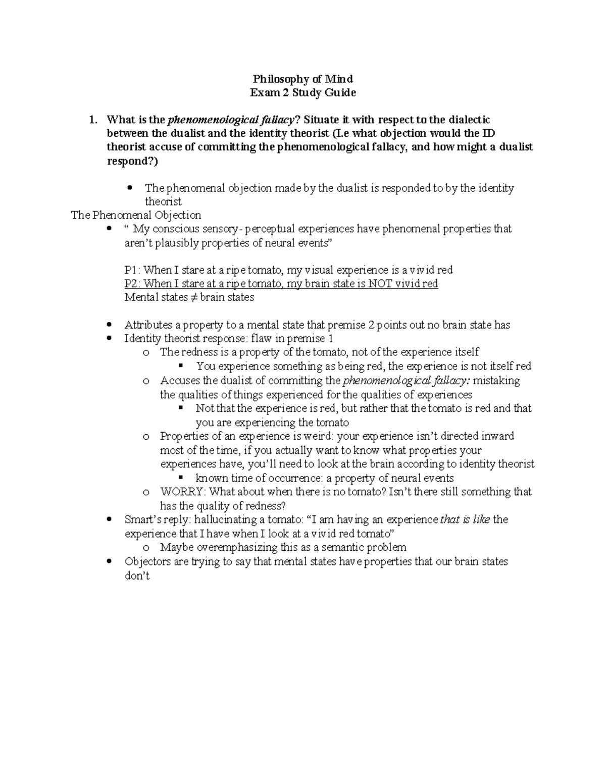 Exam 2 Study Guide - Philosophy of Mind Exam 2 Study Guide 1. What is ...