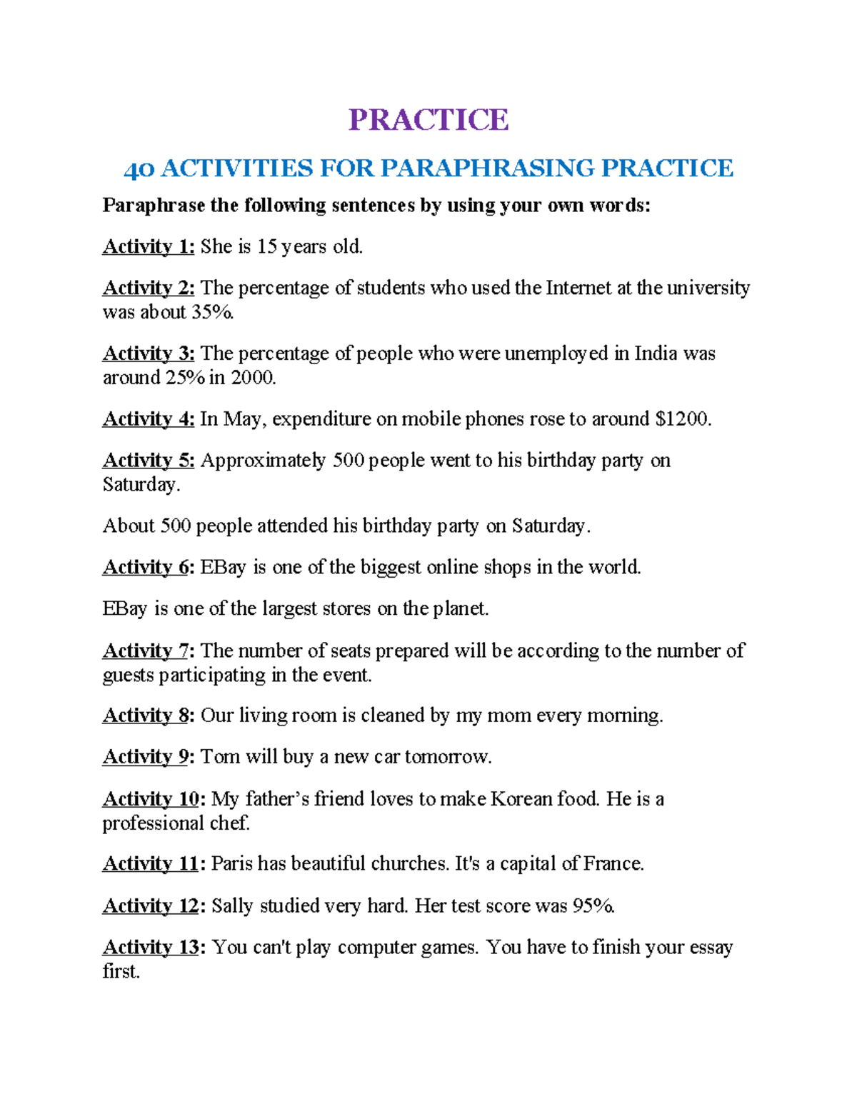 Paraphrasing Activity PRACTICE 40 ACTIVITIES FOR PARAPHRASING