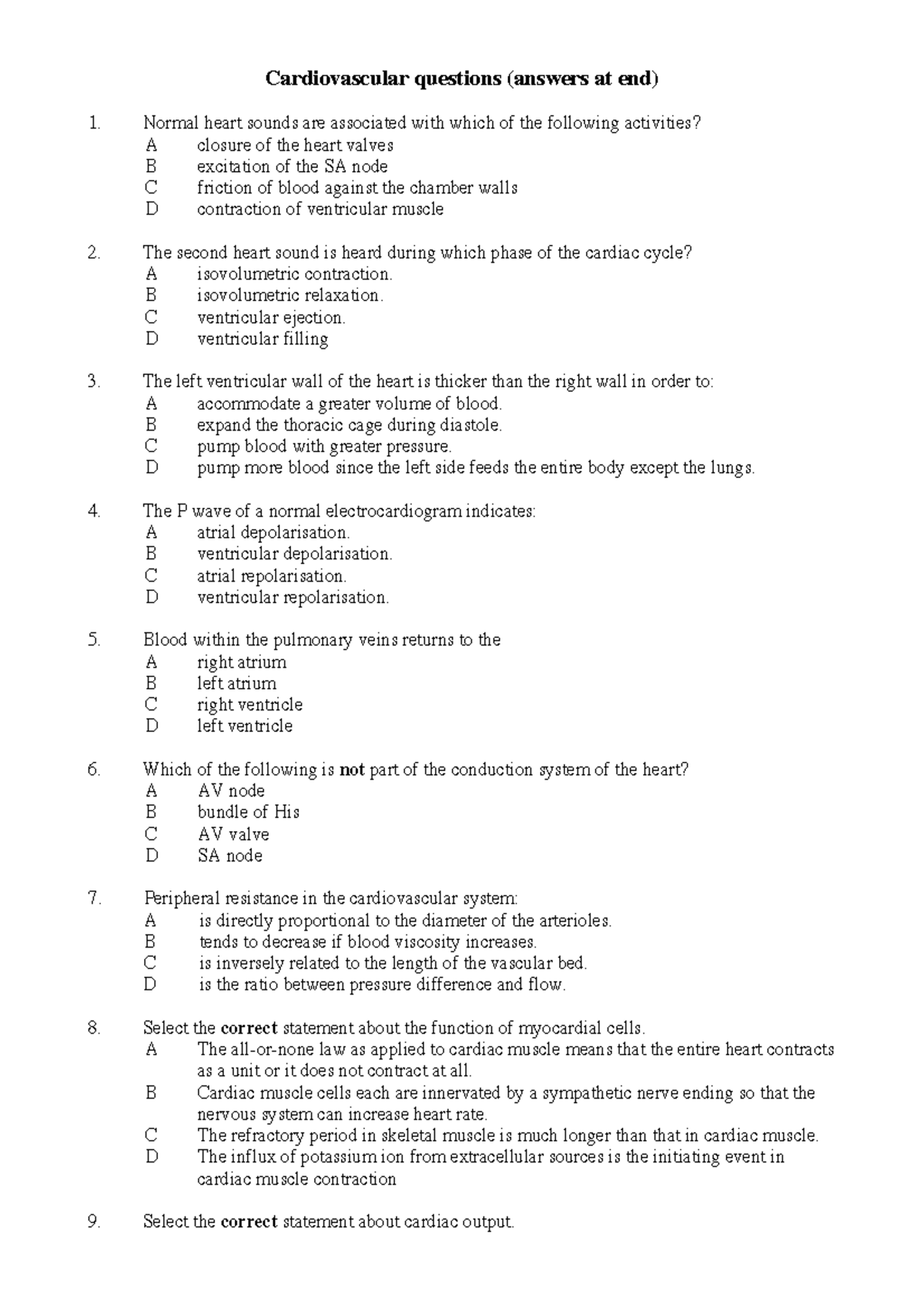 Exam, questions and answers Cardiovascular questions (answers at end