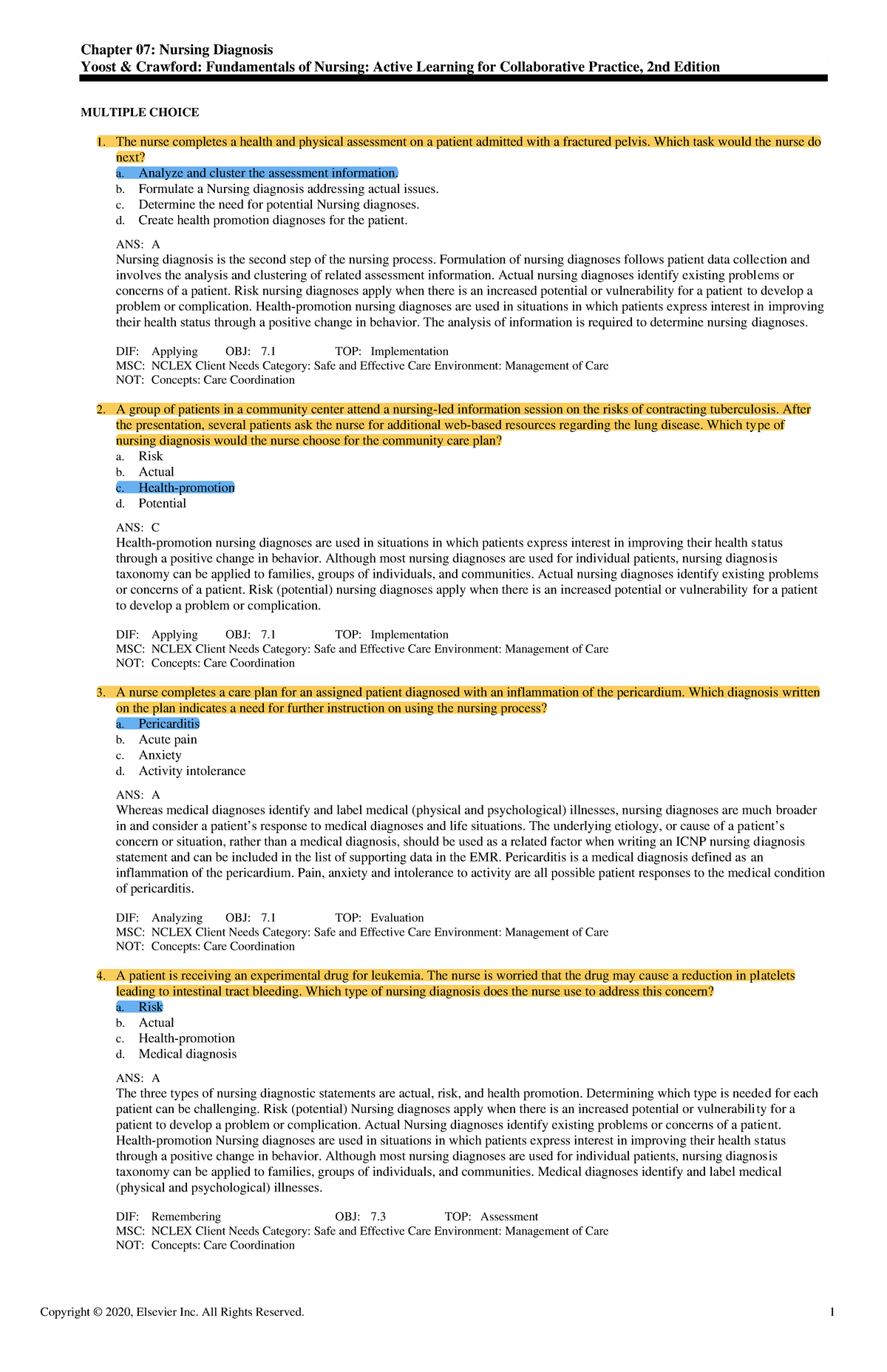 Exam View - Chapter 07 - Chapter 07: Nursing Diagnosis Yoost & Crawford ...