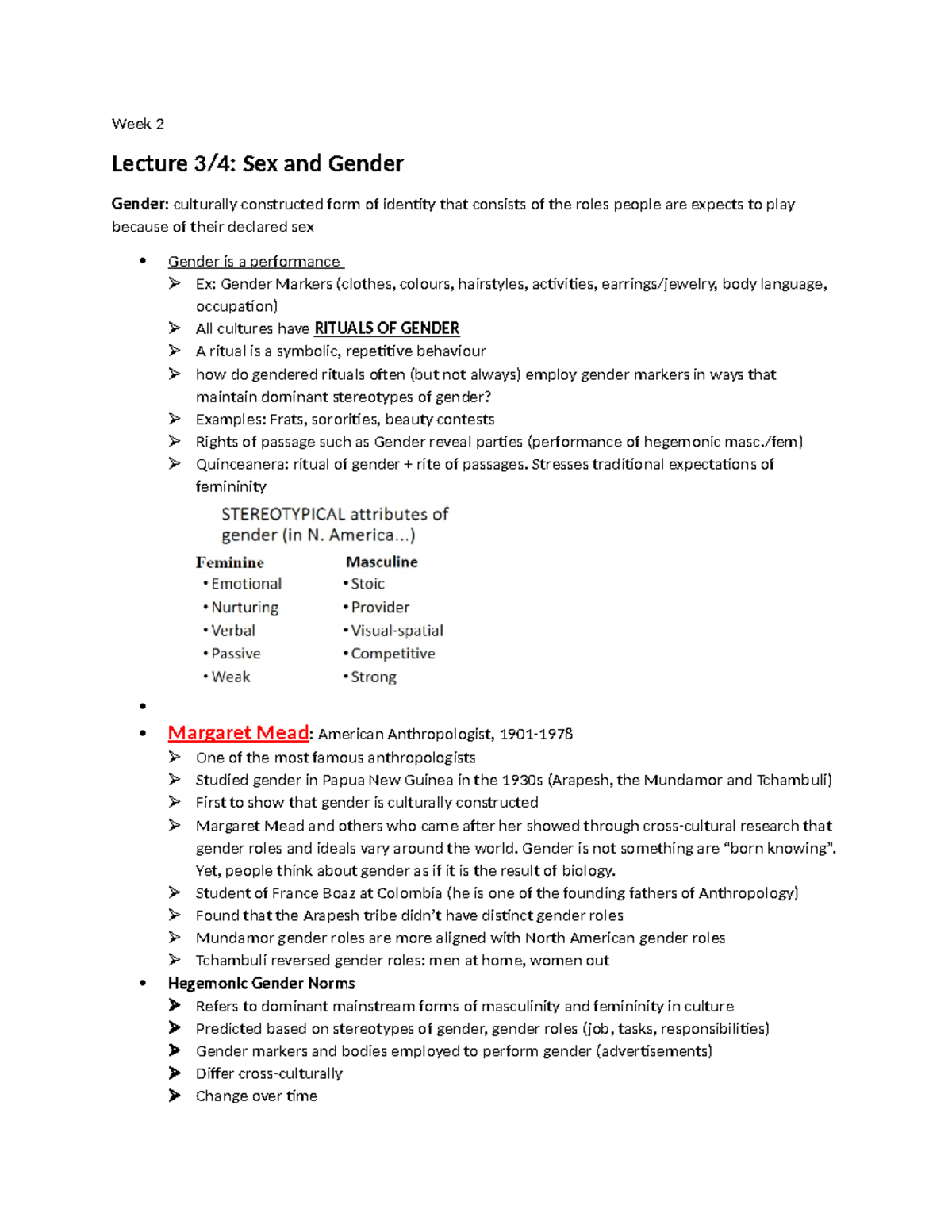 Week 2 - notes - Week 2 Lecture 3/4: Sex and Gender Gender: culturally ...