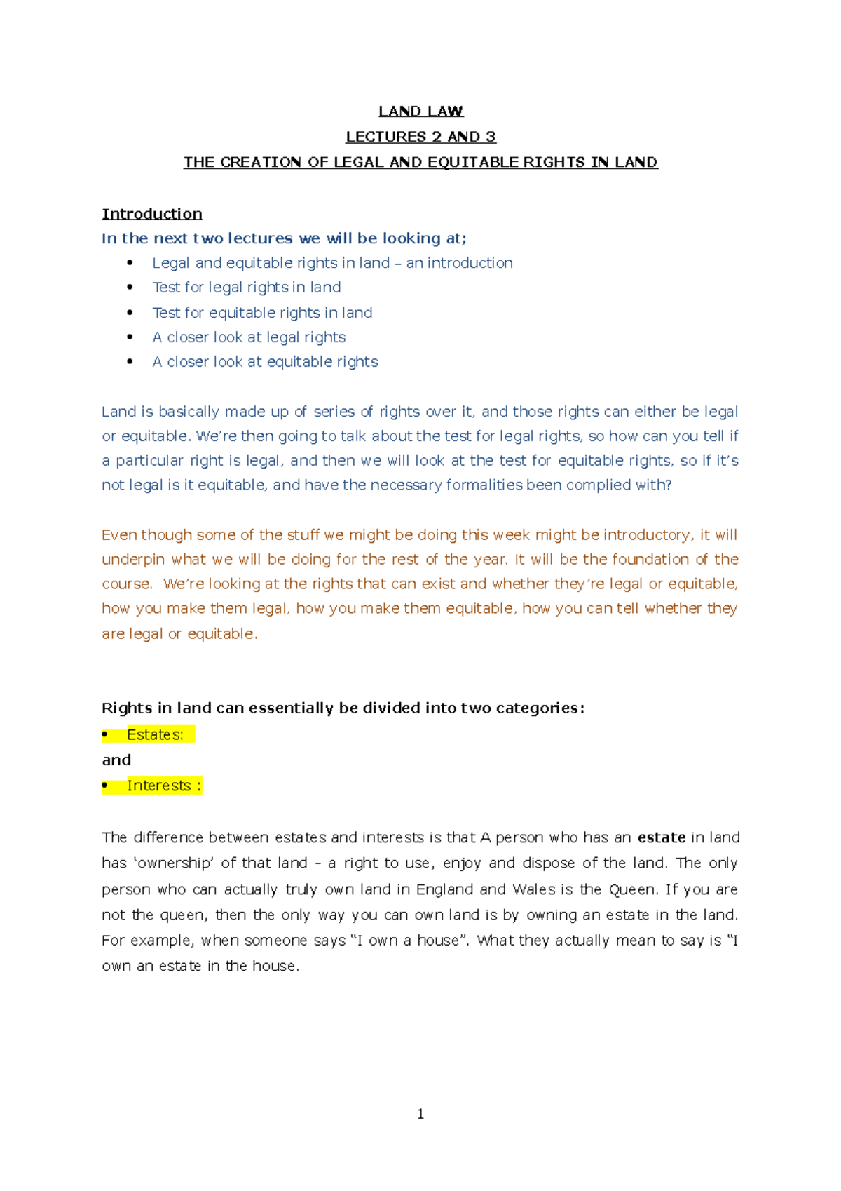 Week 11 - Lectures 2&3 - DETAILED LECTURE NOTES - LAND LAW LECTURES 2 ...