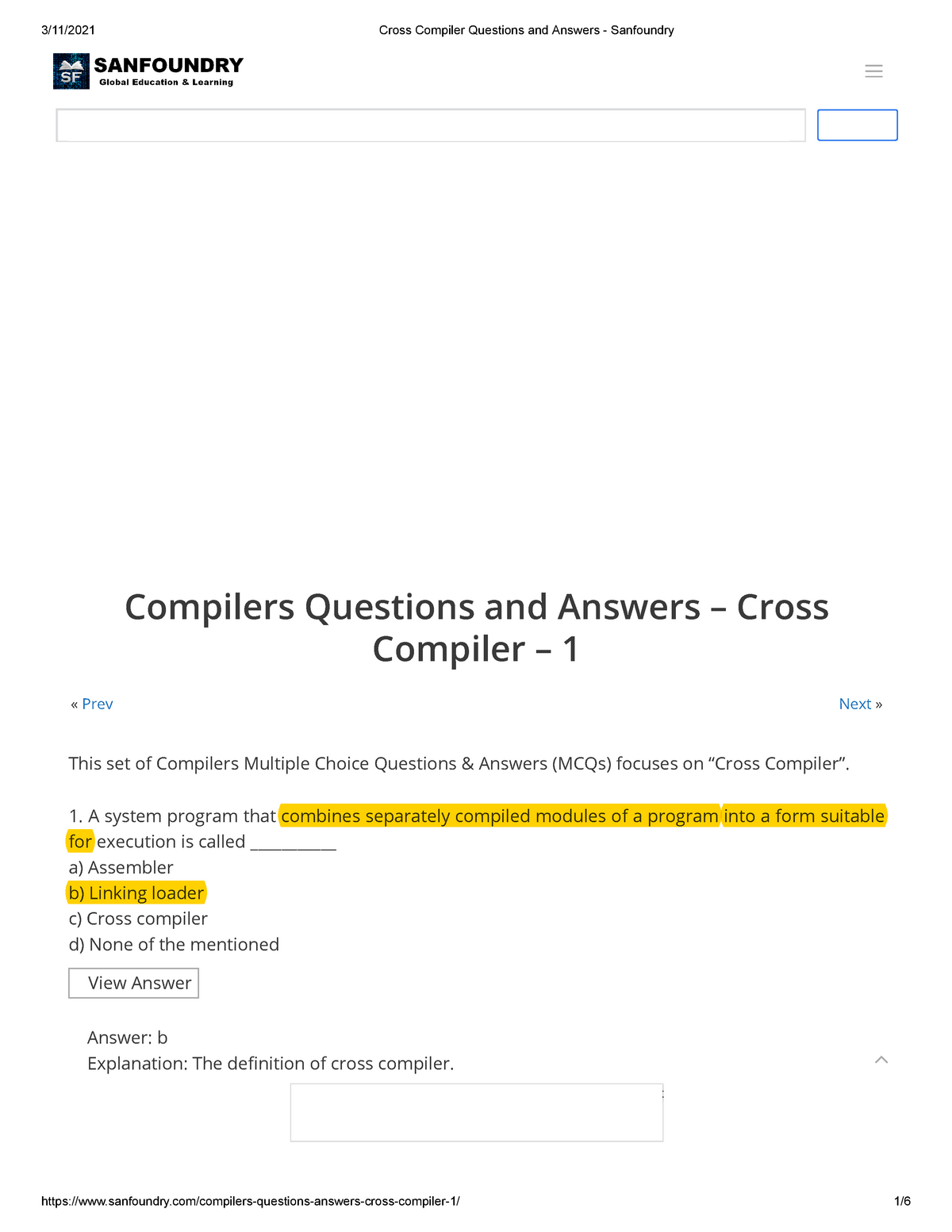 Cross Compiler Questions And Answers - Sanfoundry - « Prev Next ...