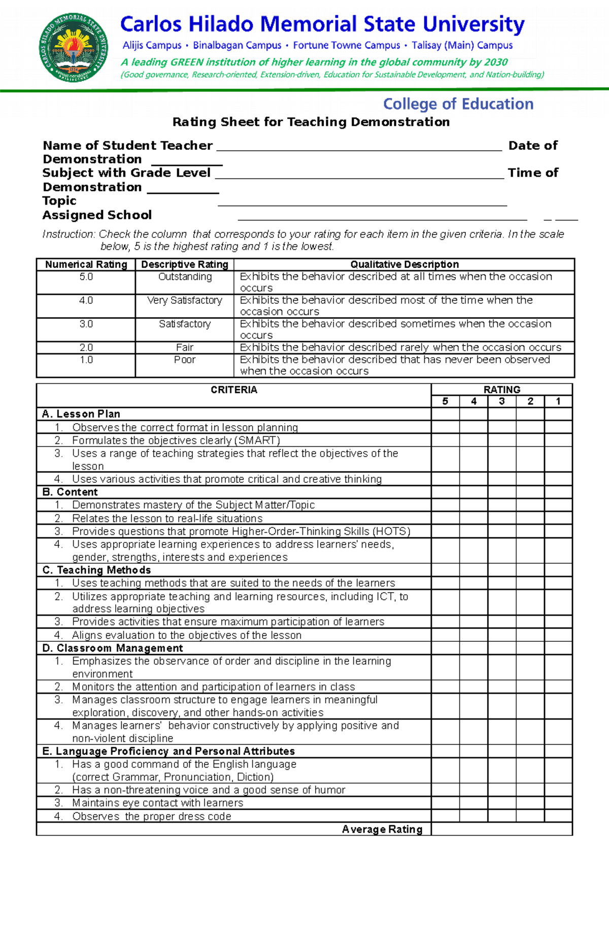 Internship Rating for the Teaching Demonstration - Rating Sheet for ...