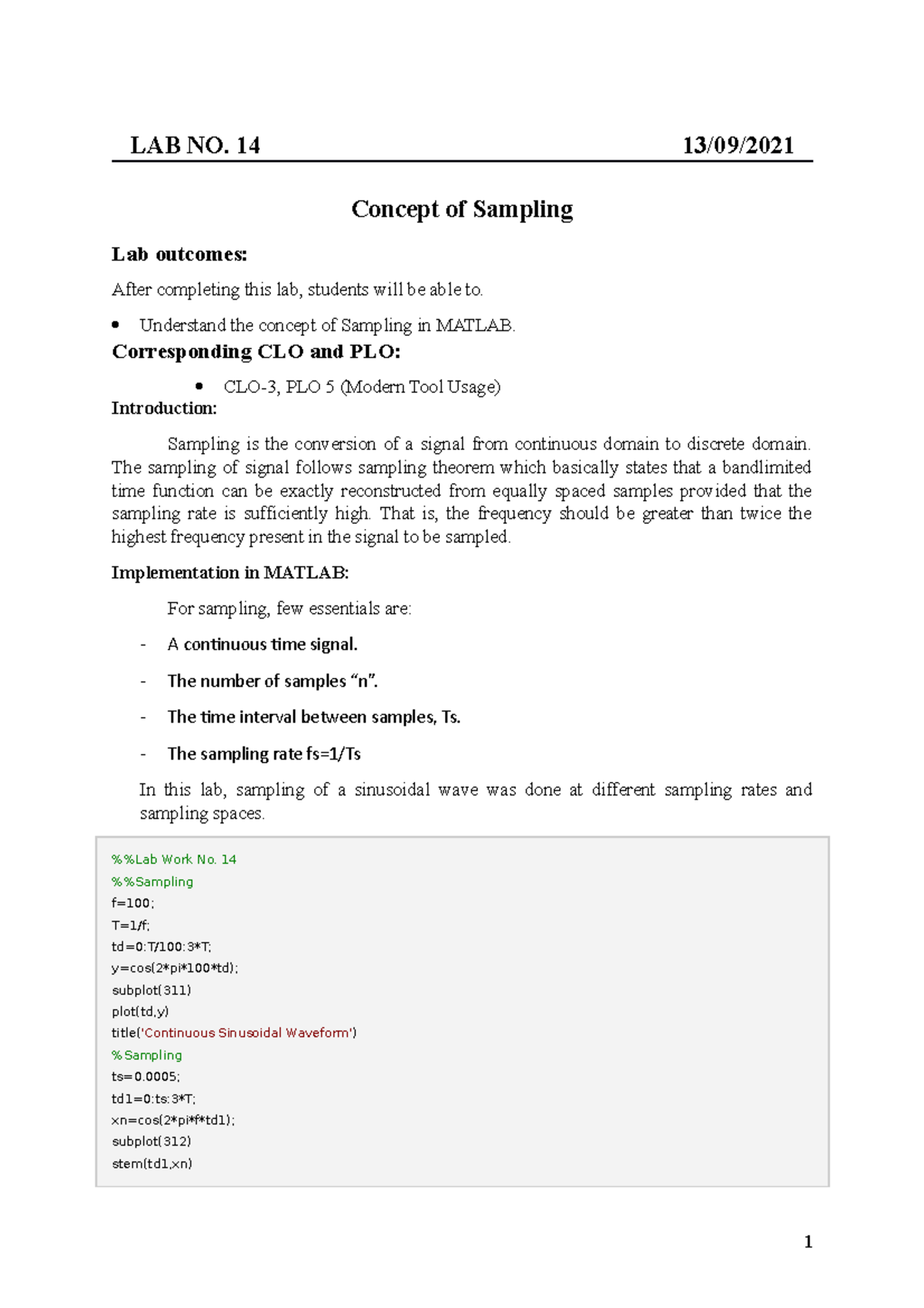 S&S labs 14 and 15 - lab material - LAB NO. 14 13/09/ Concept of ...