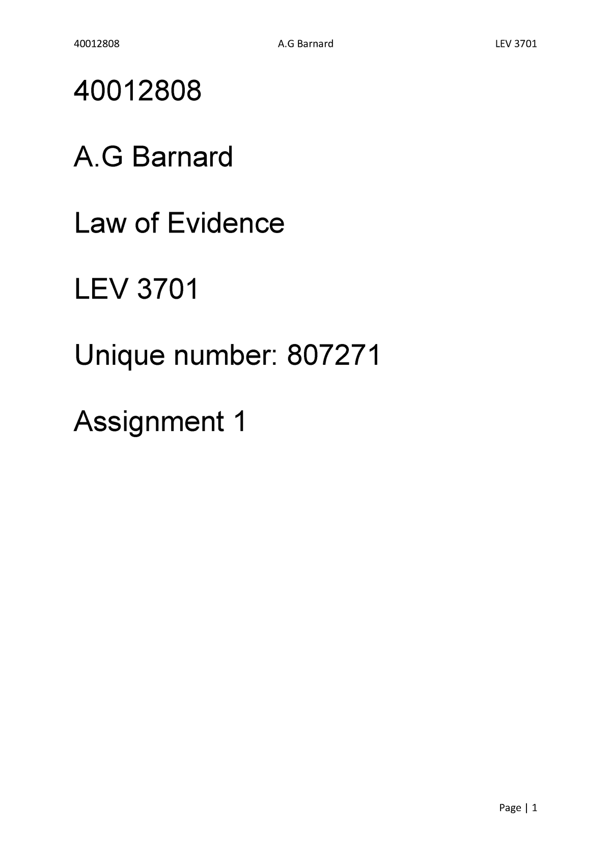 40012808 AG Barnard Assignment 1 LEV 3701 - 40012808 A Barnard Law Of ...