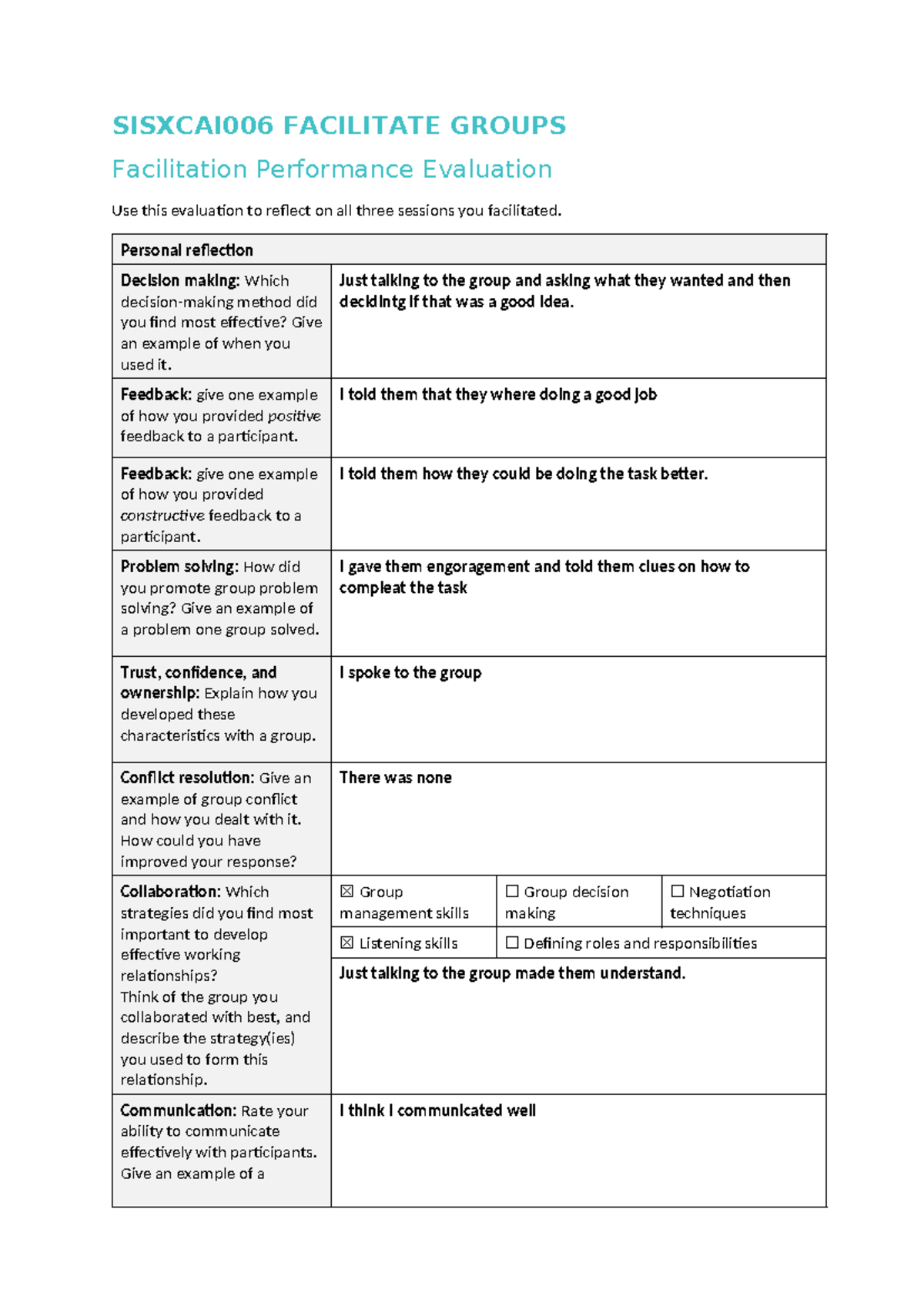 Sisxcai 006 AT2 Faciliatation Performance Evaluation Template ...