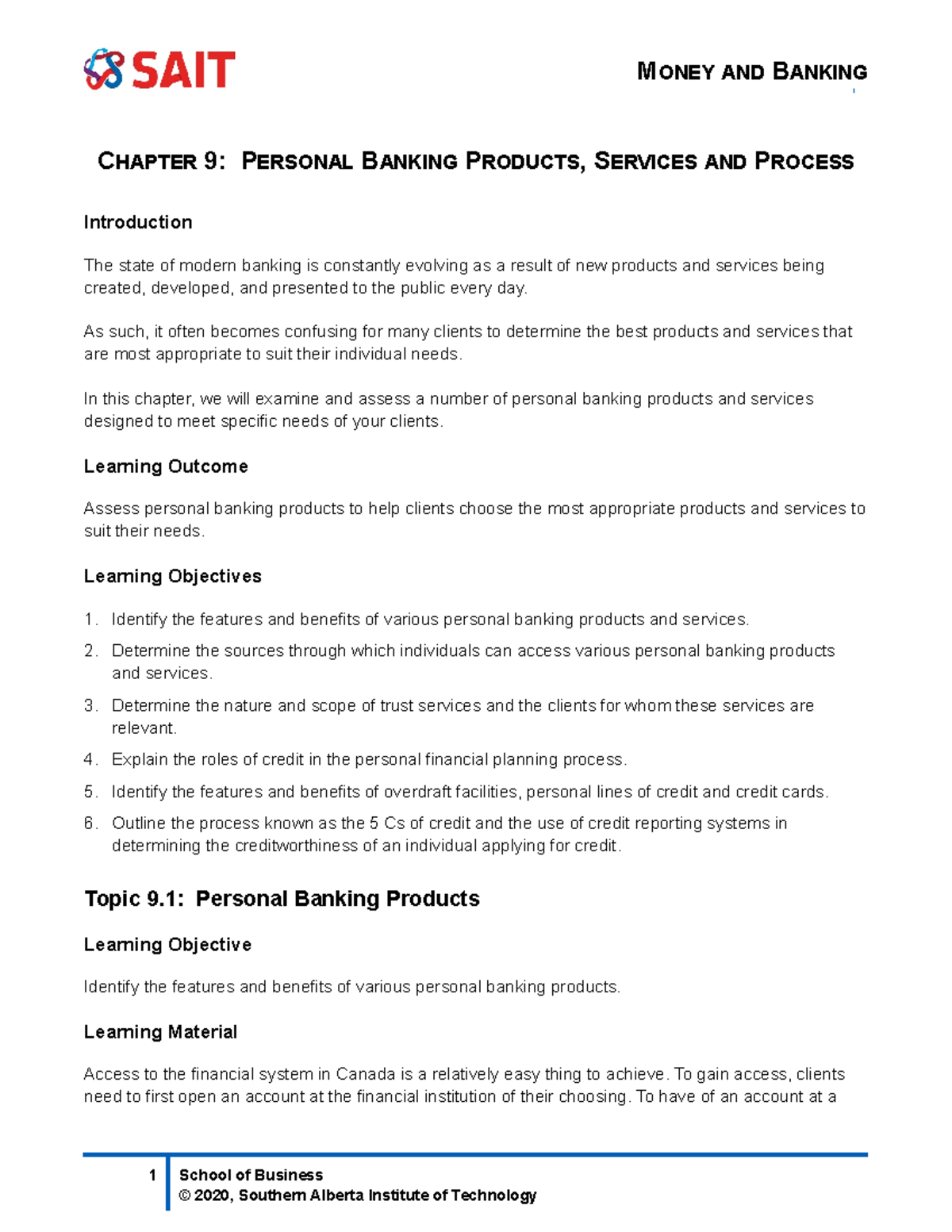 Ch 09 - notes - CHAPTER 9: PERSONAL BANKING PRODUCTS, SERVICES AND ...
