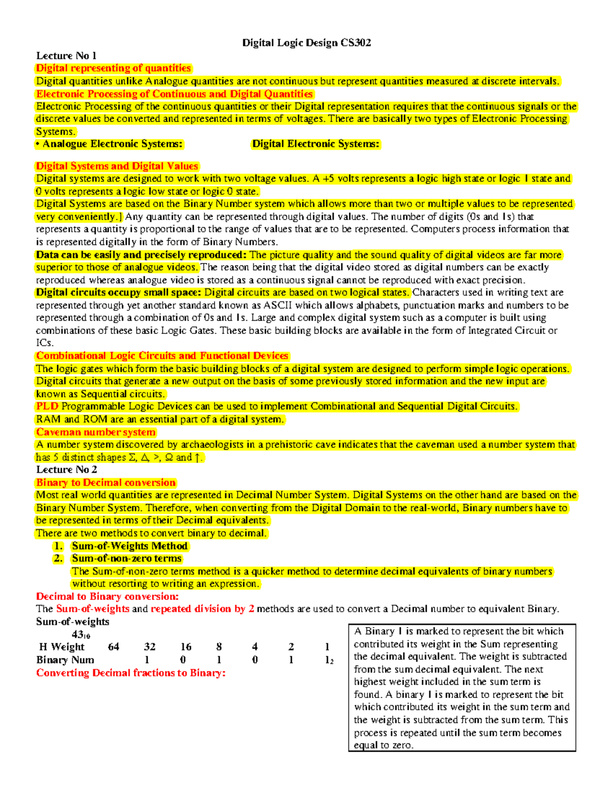 Highlighted notes - Digital Logic Design CS Lecture No 1 Digital ...
