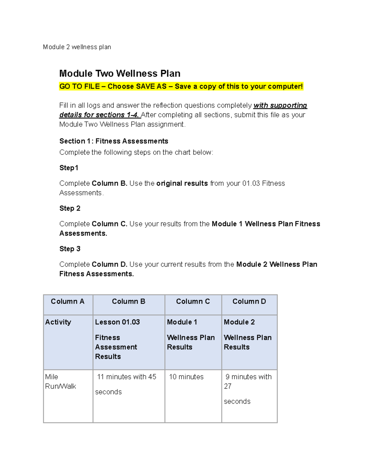 Copy Of Module 2 Wellness Plan - Module 2 Wellness Plan Module Two ...