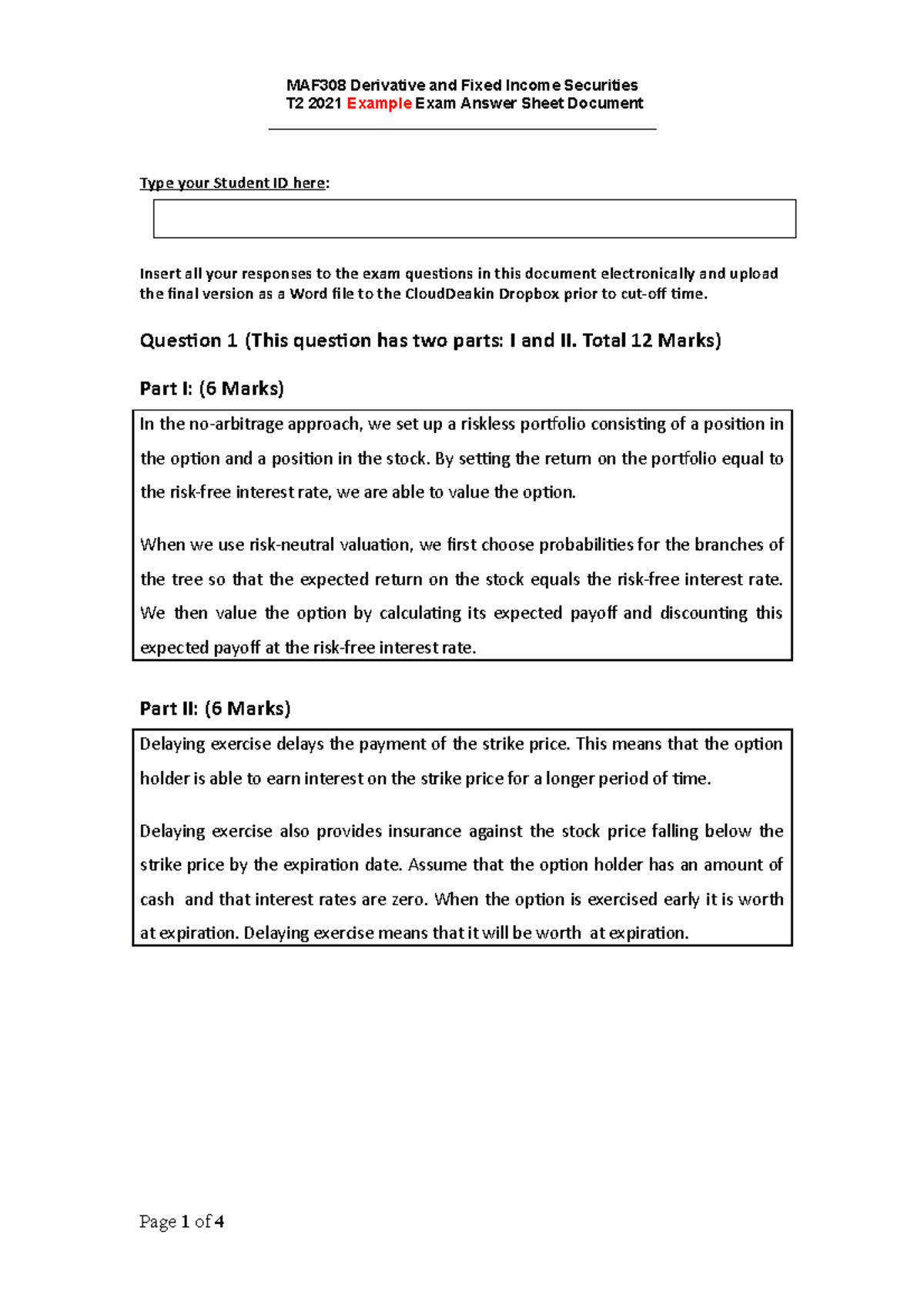 MAF308 Example Exam Solutions (In answer sheet)1 - T2 2021 Example Exam ...