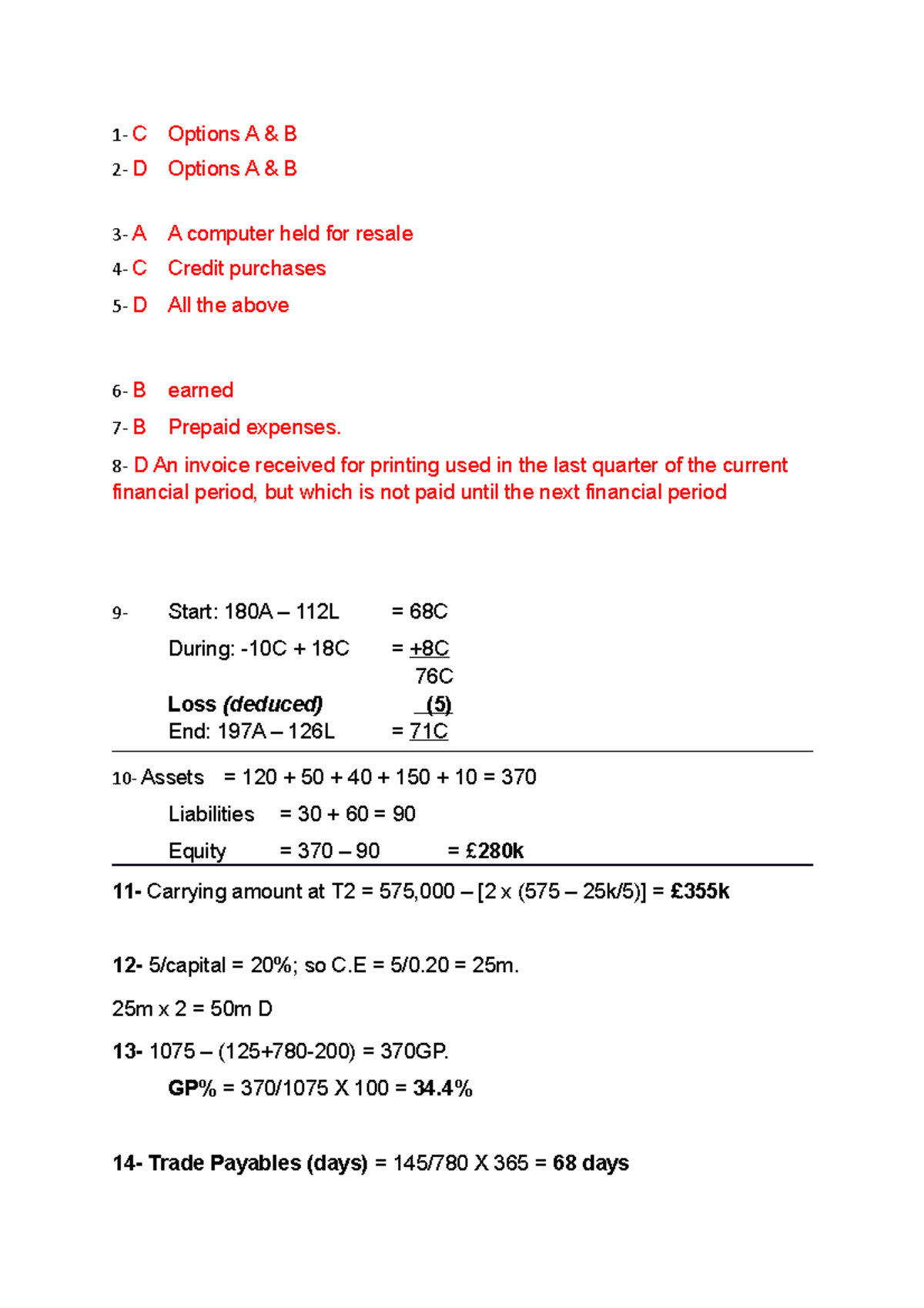 Test Revision Answers - 1- C Options A & B 2- D Options A & B 3- A A ...