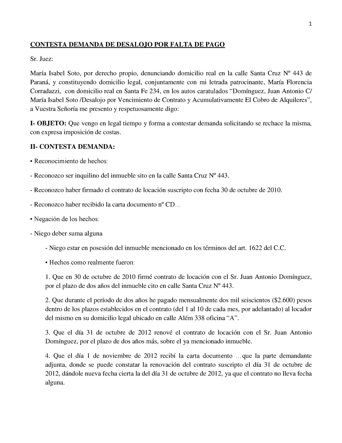 172827152 Contesta Demanda De Desalojo Por Falta De Pago 1 Contesta