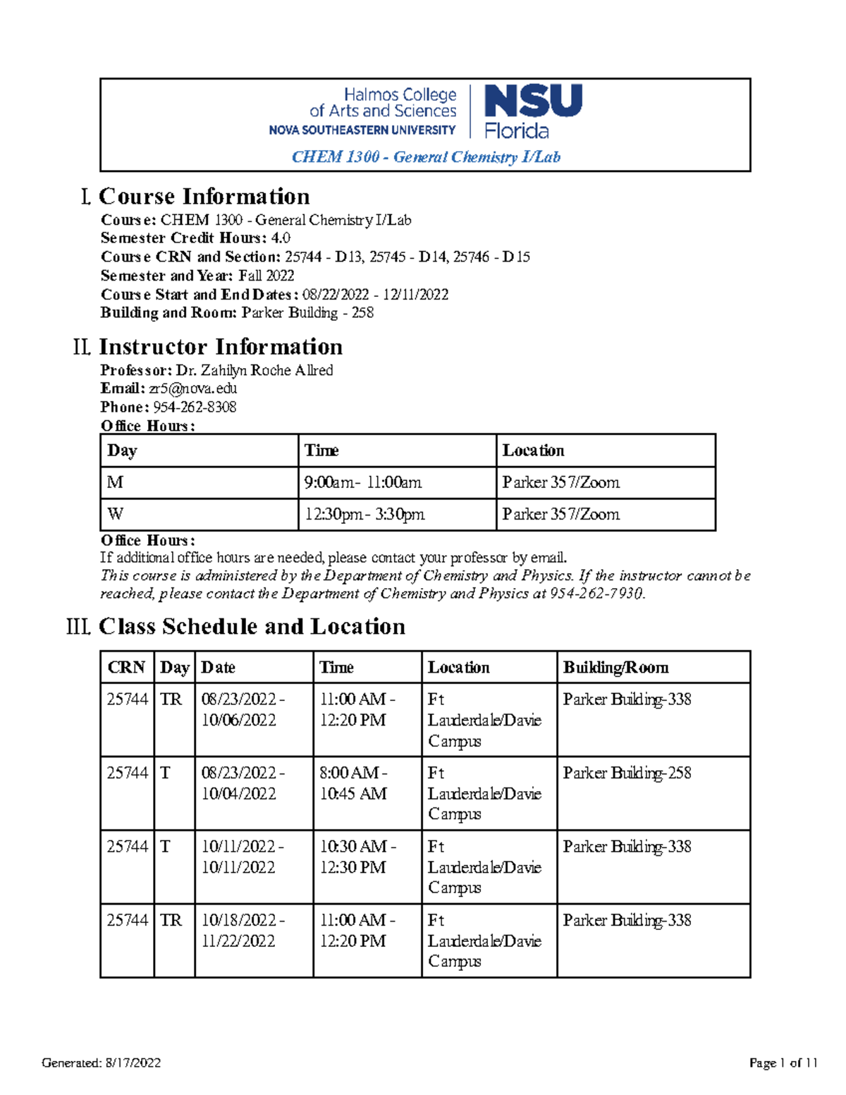 CHEM 1300 Syllabus Fall 2022 - CHEM 1300 - General Chemistry I/Lab I ...