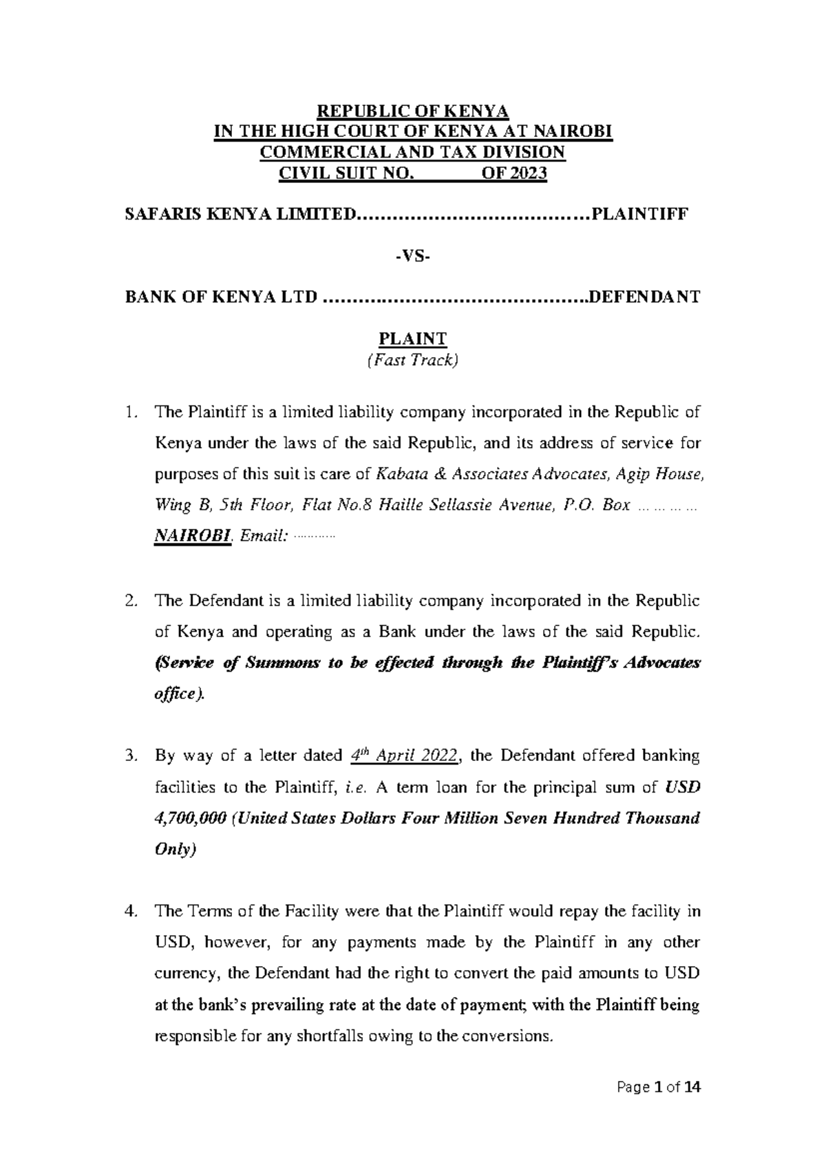 Sample Plaint - REPUBLIC OF KENYA IN THE HIGH COURT OF KENYA AT NAIROBI ...