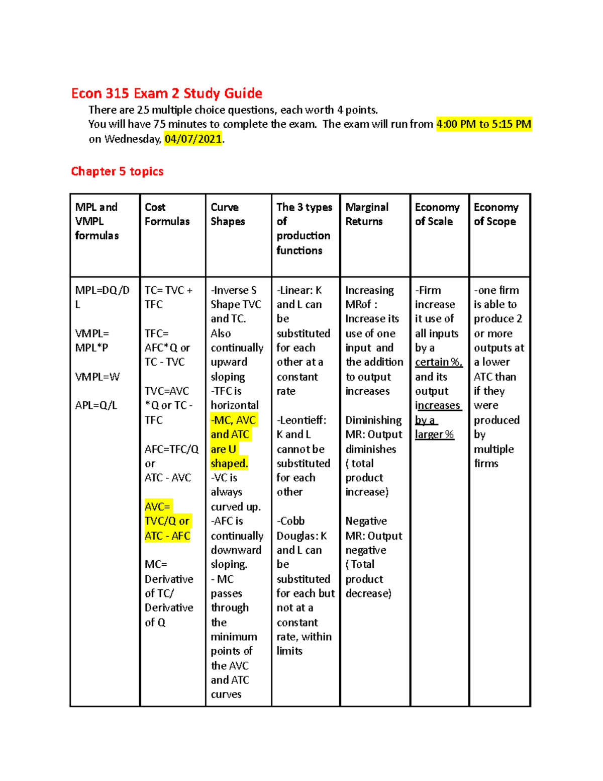 Econ 315 Exam 2 Study Guide - Econ 315 Exam 2 Study Guide There are 25 ...