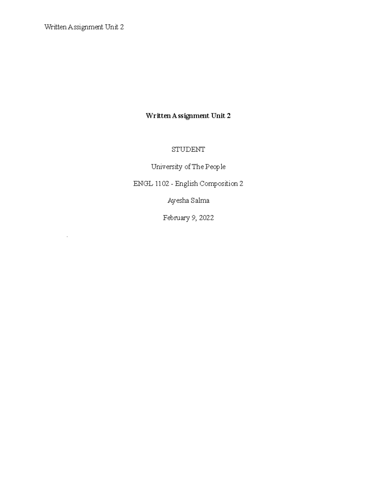 ENGL 1102 - Written Assignment Unit 2 - Written Assignment Unit 2 ...